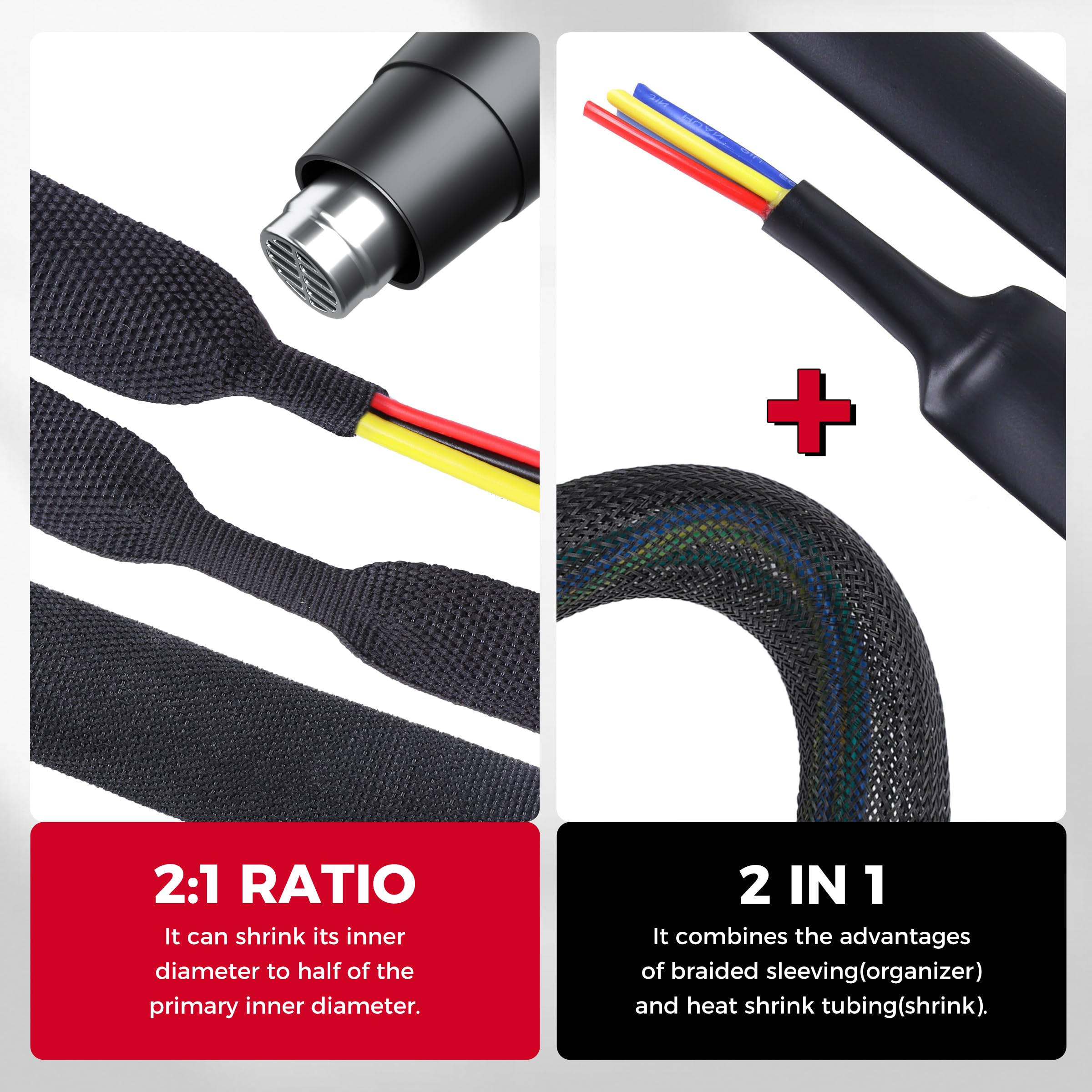 Guaina intrecciata termorestringente 2 in 1, 1,9 cm - 7,6 m | Tubi termorestringenti in tessuto termorestringente 2:1 per cavi tubolari ideali per tubi di forma irregolare/cavo/filo
