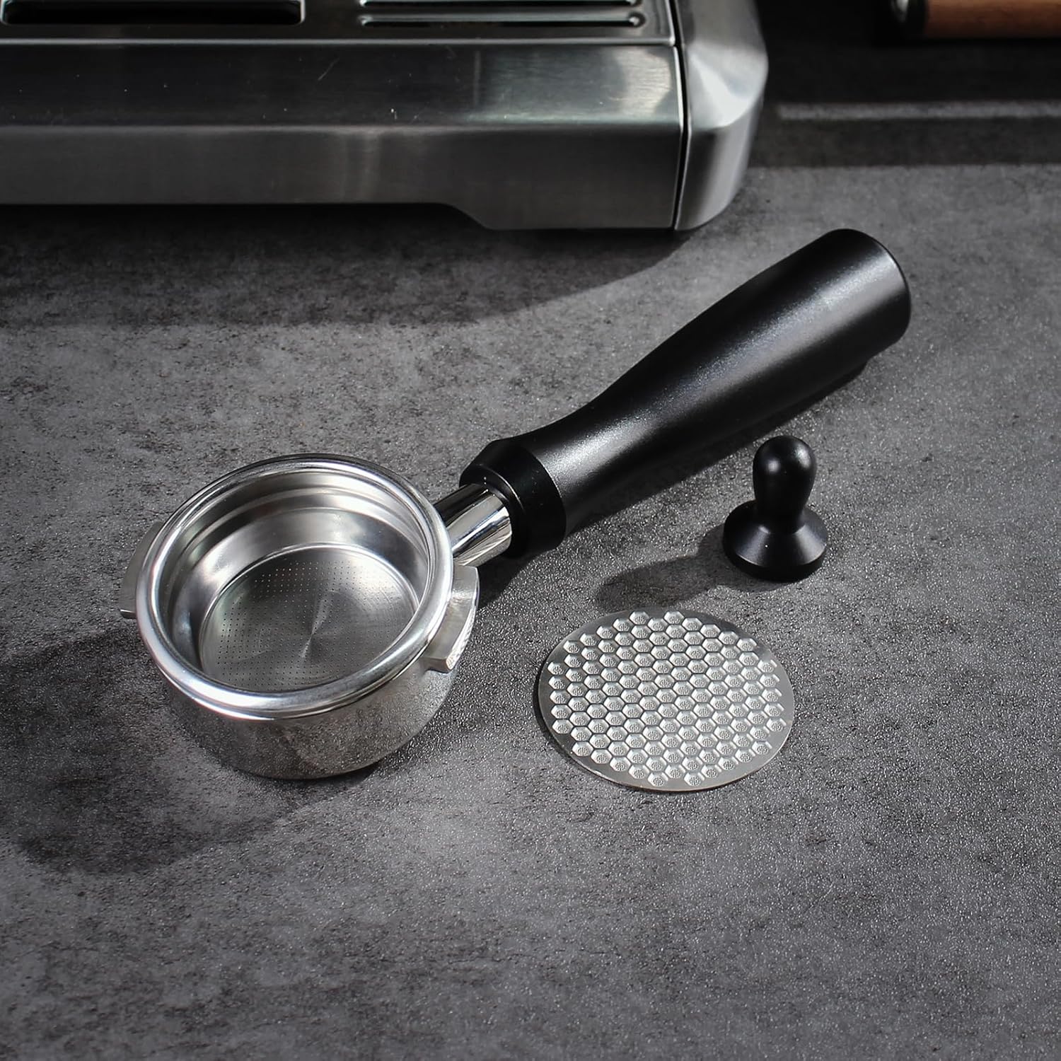 DIBTSA 58mm Bottomless Portafilter Compatible with Nuova Simonelli, Included 304 Stainless Steel Filter Basket and Puck Screen, Anodized Aluminum Handle, Black - Image 3