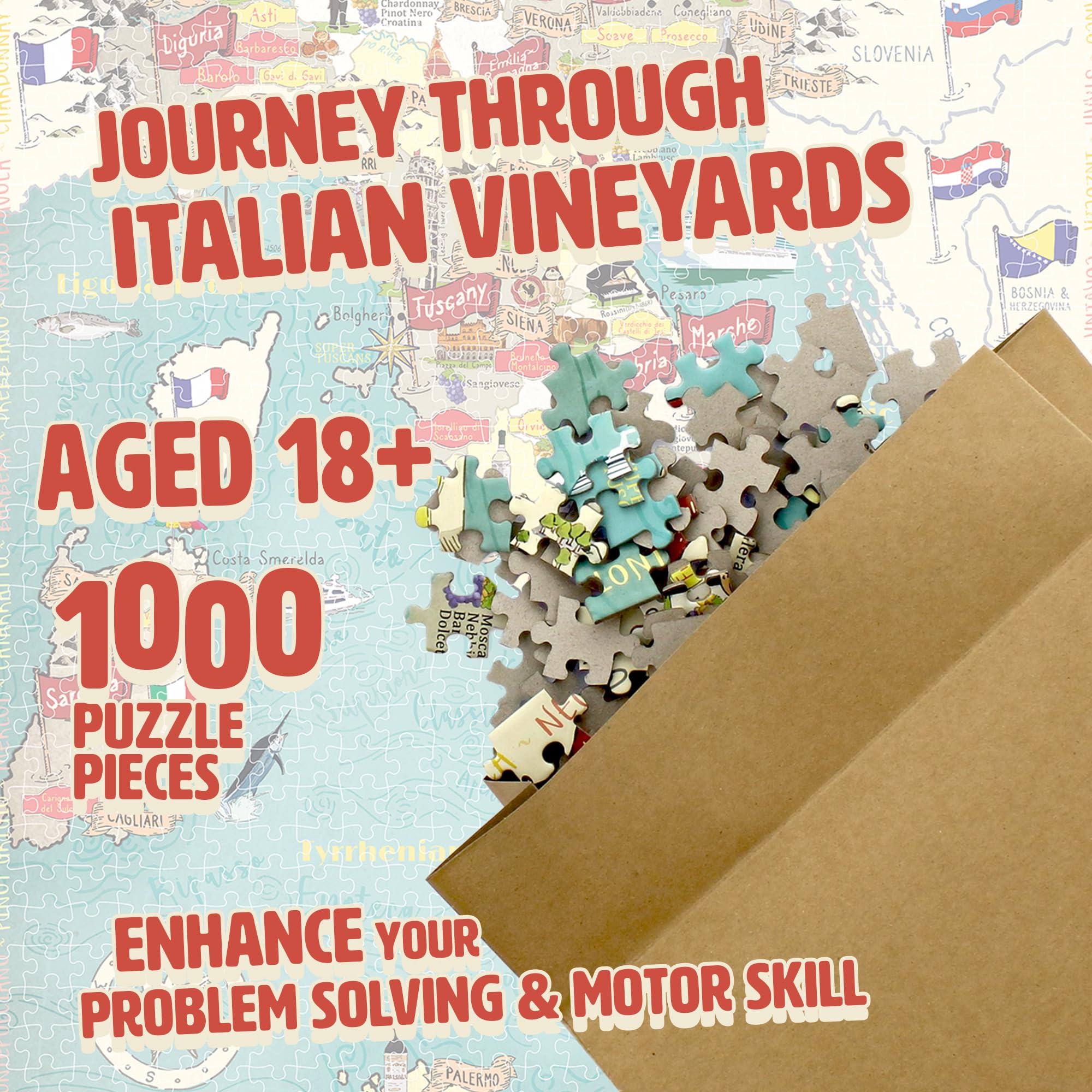 Ginger Fox Puzzle Cru - Vins d'Italie - Puzzle de 1000 pièces pour Adultes - Puzzles colorés sur Le vignoble et Les vins Italiens, Puzzles relaxants et stimulants pour Adultes