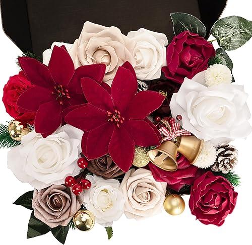 YZXZM Caja combinada de flores artificiales, mezcla de flores de espuma de seda falsa con tallo de alambre, ramo de novia de boda, fiesta de