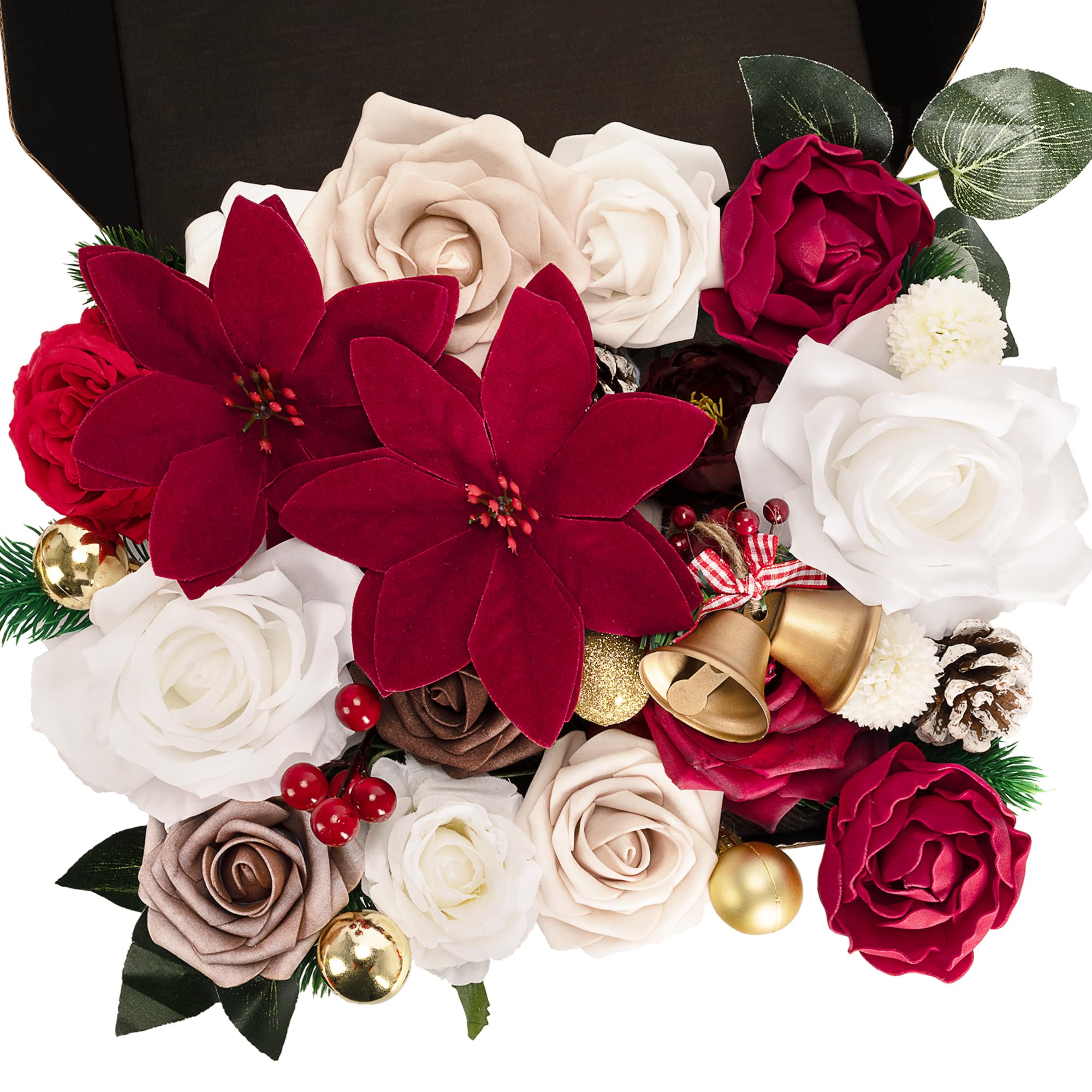 Künstliche Blumen Combo für Weihnachtsbaumschmuck, 25 Stück künstliche Blumenmischung mit t Stiel für Weihnachten, Heimdekoration, Weihnachtskranz, DIY