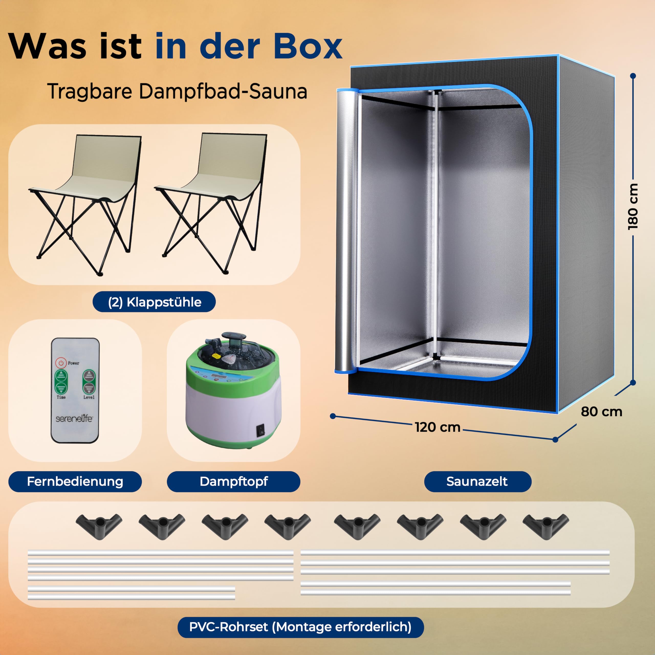 SereneLife Dampfsauna Schwarz 120x80x180cm für 2 Personen, Tragbare Heimsauna mit klappbarem Stuhl und Dampfgenerator Kompakte Wärmekabine bis 50 °C Fernbedienung und Timerfunktion