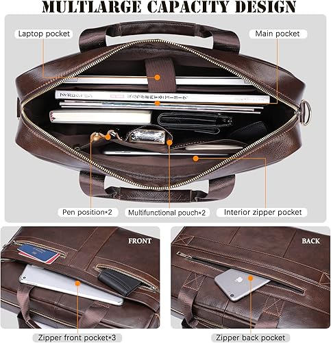 Miniatura 2 de REALON Maletín de cuero genuino para hombres, bolsa de hombro para computadora portátil con correa, bolso de trabajo de viaje de negocios de 15.6