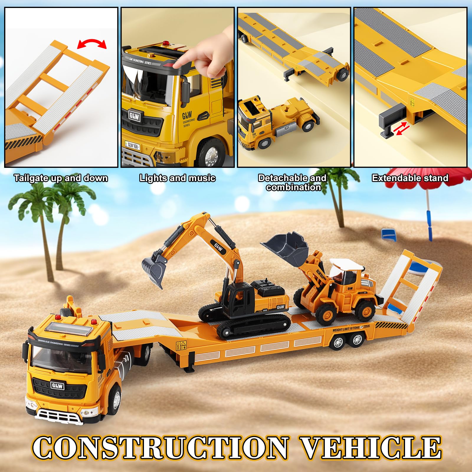 UCAMP Camion Transportador Coche de Juguete con Luces y Sonidos para Niños 3 4 5 6 7 Años, 1:40 Juguete Vehículos de Construcción con Excavadora Bulldozer, Juguetes Regalo de Cumpleaños Navidad