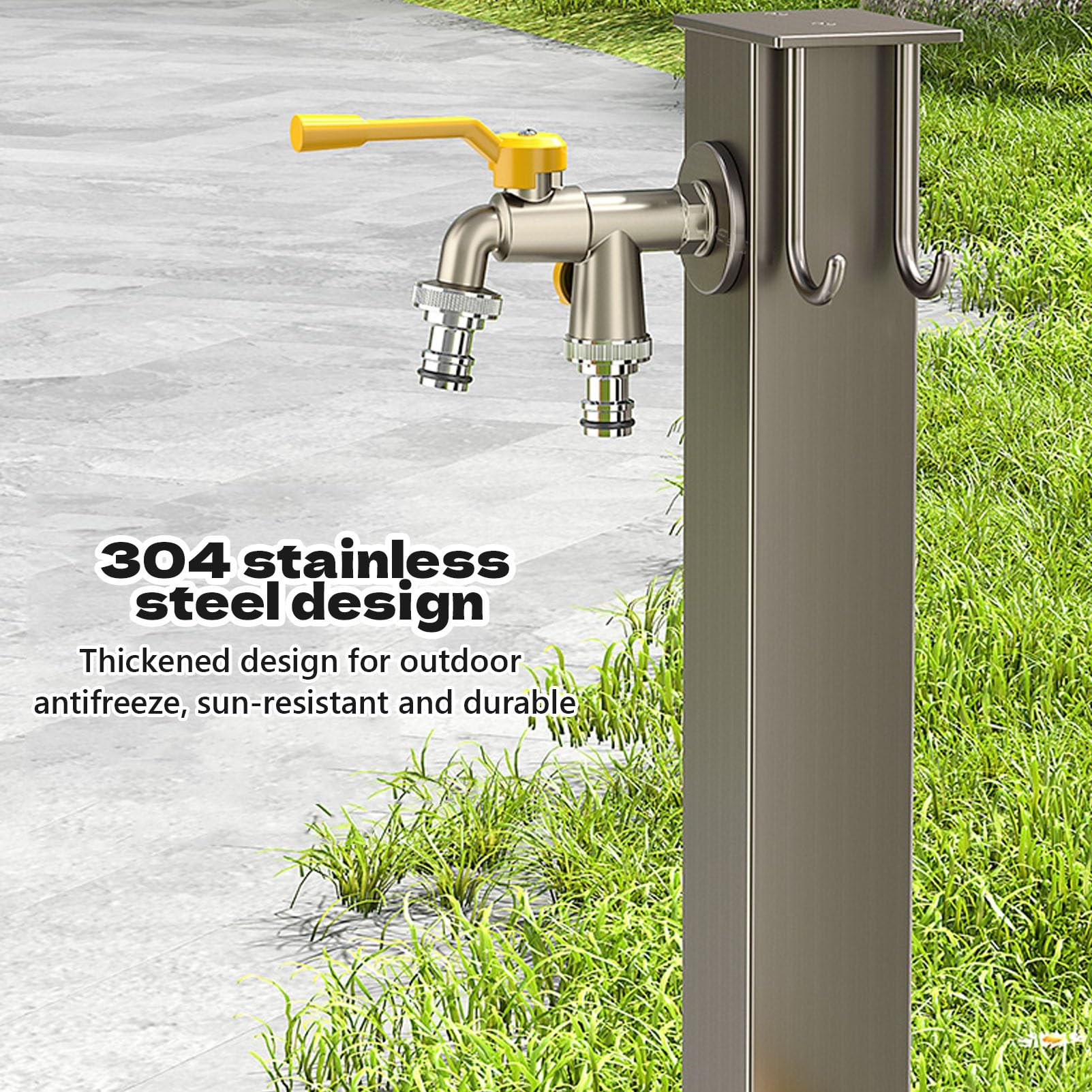 Columna de agua de acero inoxidable para exteriores con 2 grifos, manguera anticongelante, extensor de grifo, montaje en el suelo, fuente de agua decorativa, dispensador de hidrante