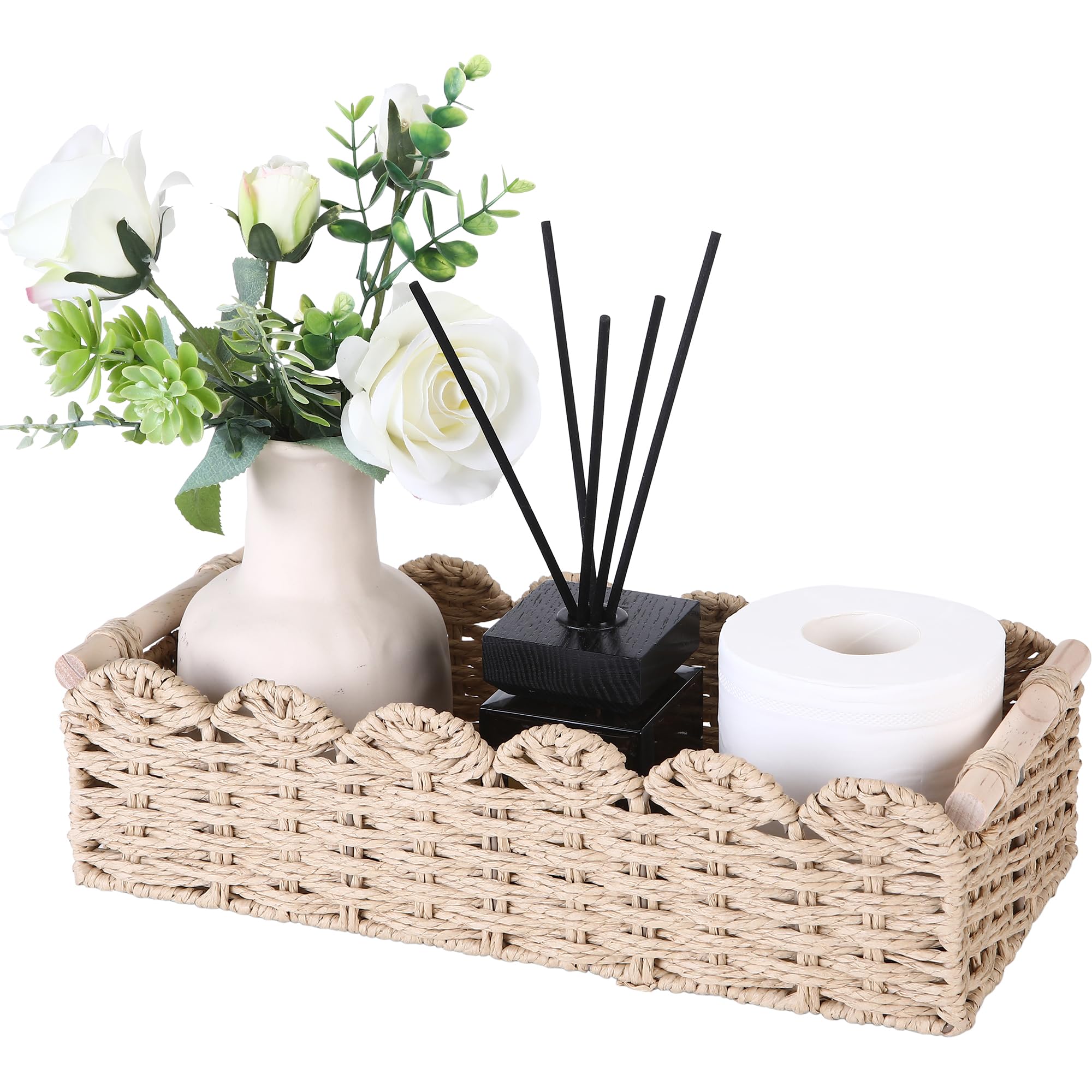 Sea Team Paper Rope Storage Basket, Scalloped Edge Toilet Paper Organiser with 2 Wooden Handles, Small Decorative Woven Basket for Bathroom, Living Room, Bedroom & Shelves, Beige