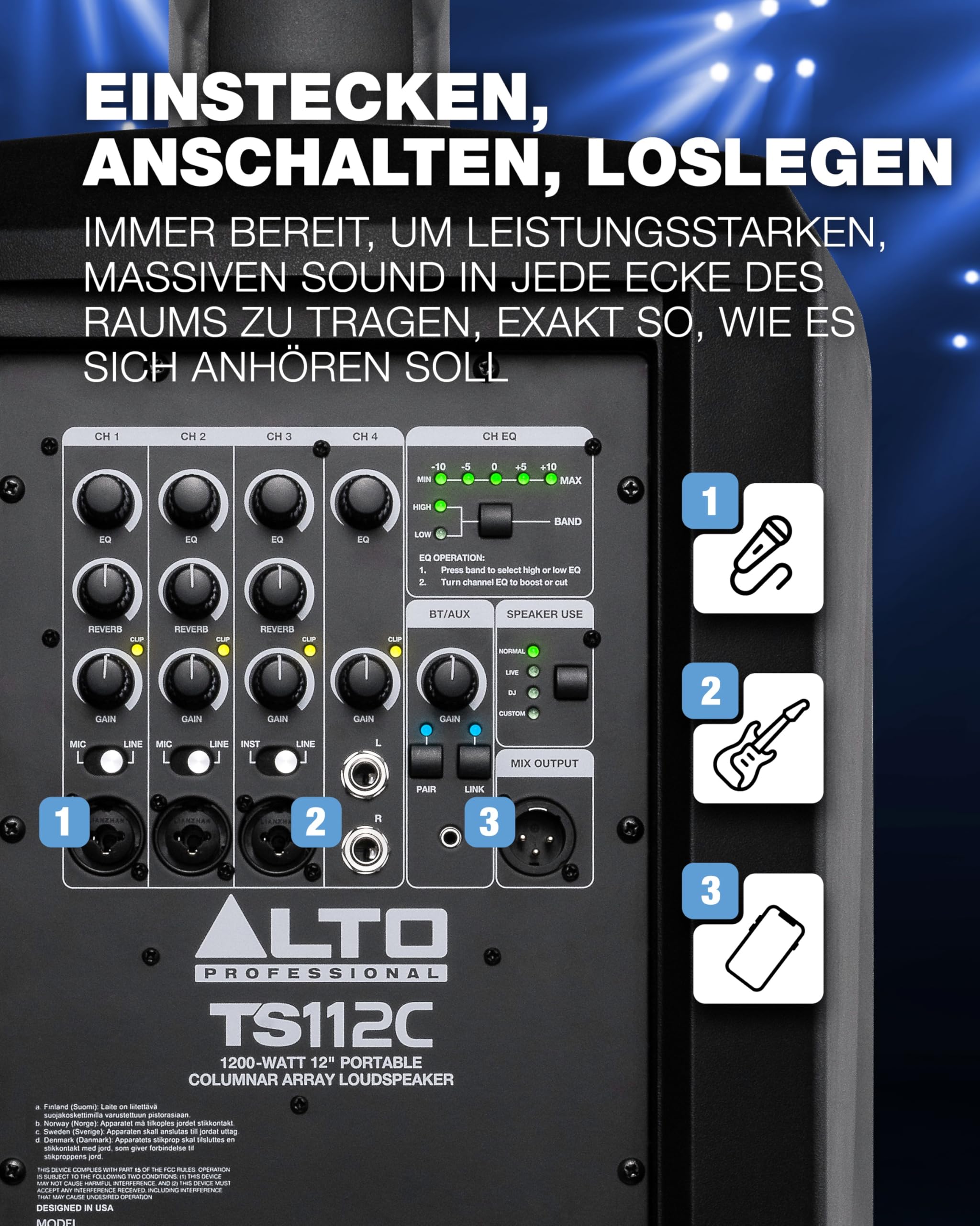 ALTO TS112C 1200-Watt Aktives Säulen PA Lautsprecher mit 5-Kanal Mixer Bluetooth