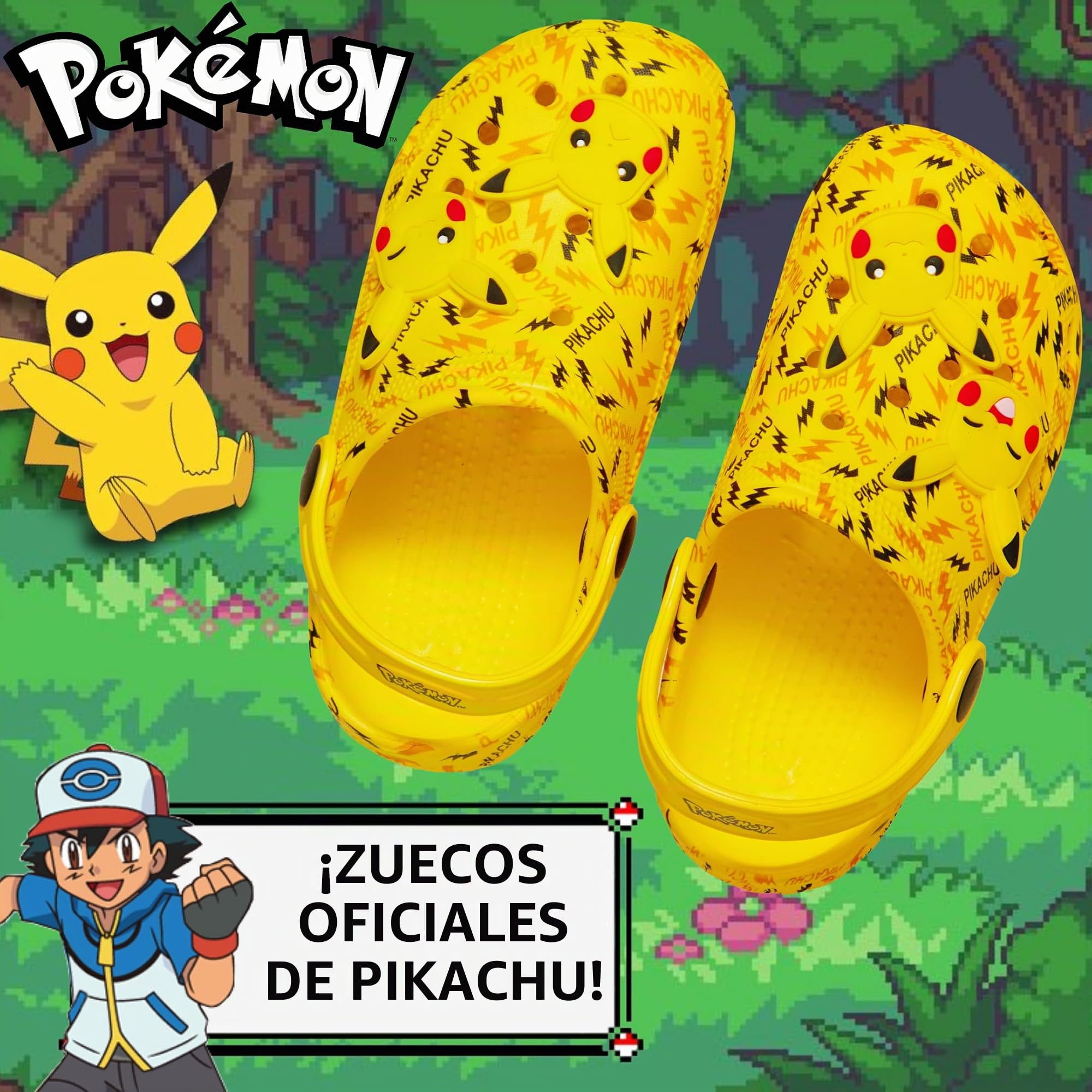 Pokémon Zuecos Pikachu con Charms, Sandalias para niños, Chicos y Chicas, Sliders de Verano con Correa en el Tobillo, Zapatos de Playa para Las Vacaciones