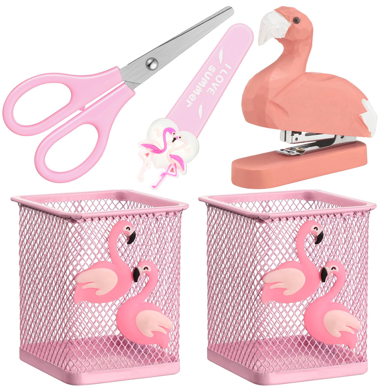 Chuangdi 4 Pcs Flamingo Desk Accessories Metal Flamingo Pen Pencil Holder Scissors Wooden Stapler Stuff Classroom Decoration for Office Supplies