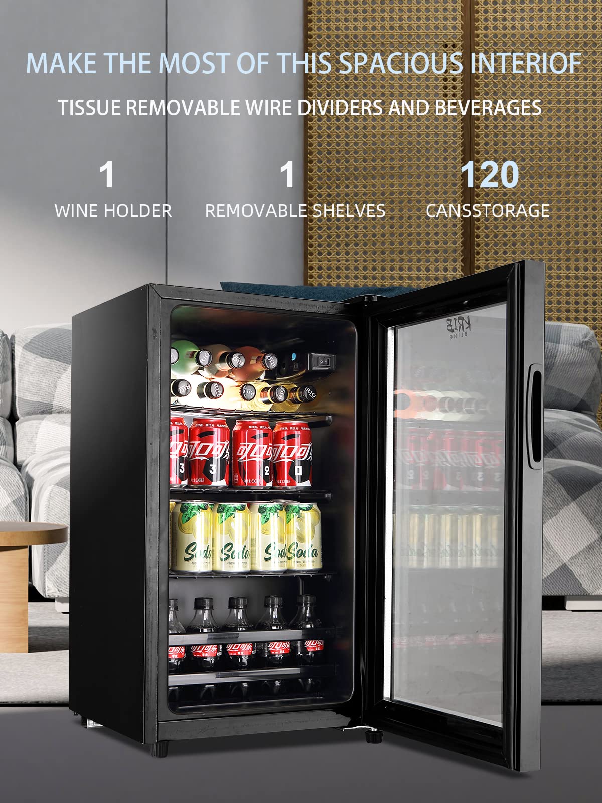 KRIB BLING Beverage Refrigerator Cooler 120 Can Freestanding Beverage Cooler with Adjustable Shelving Glass Door for Beer Soda or Wine for Home Office or Bar, Black, (KB02 FLB-60) on Fridge.com