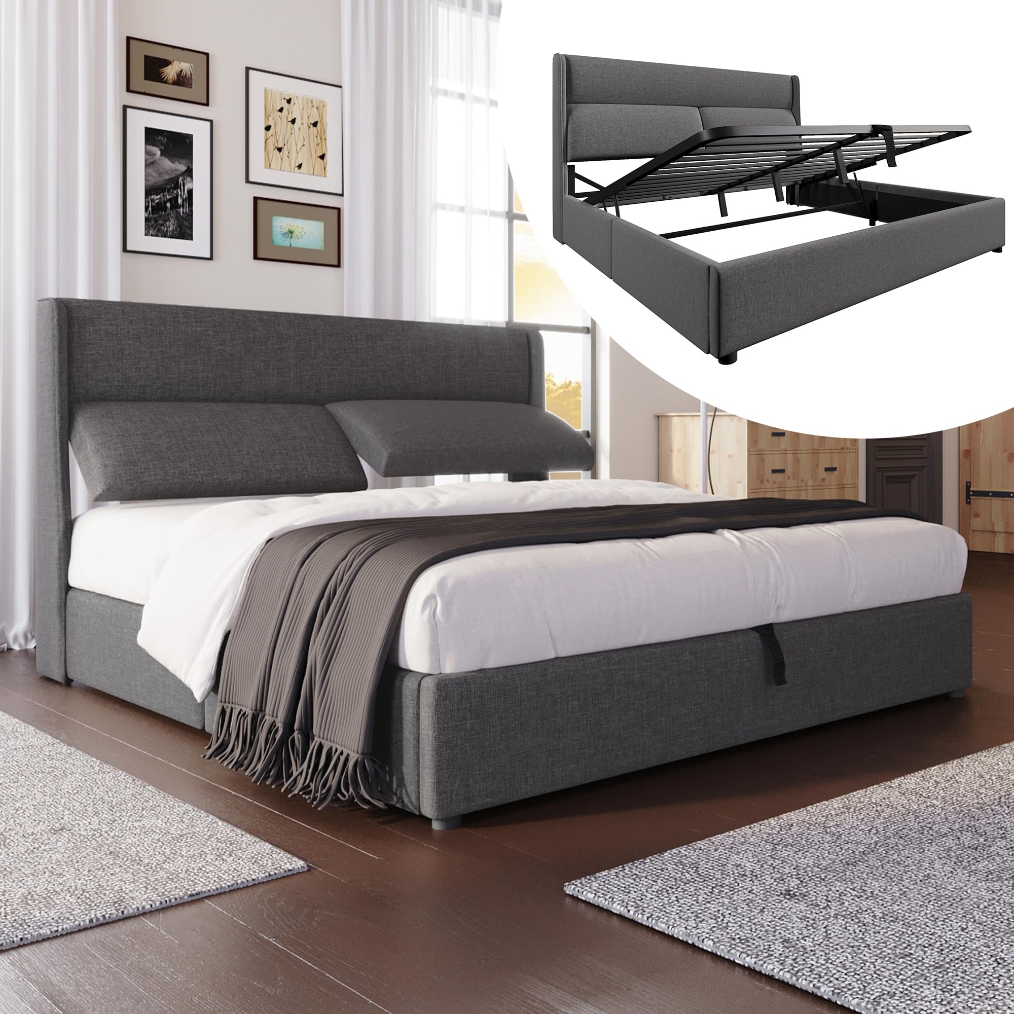Dolamaní Boxspringbett Doppelbett 180x200 cm, Polsterbett mit Verstellbare Kopfstützen,Hydraulisches Bettgestell mit Stauraum, Bett mit Metall- Lattenrost, Leinen Ohne Matratze (Grau)