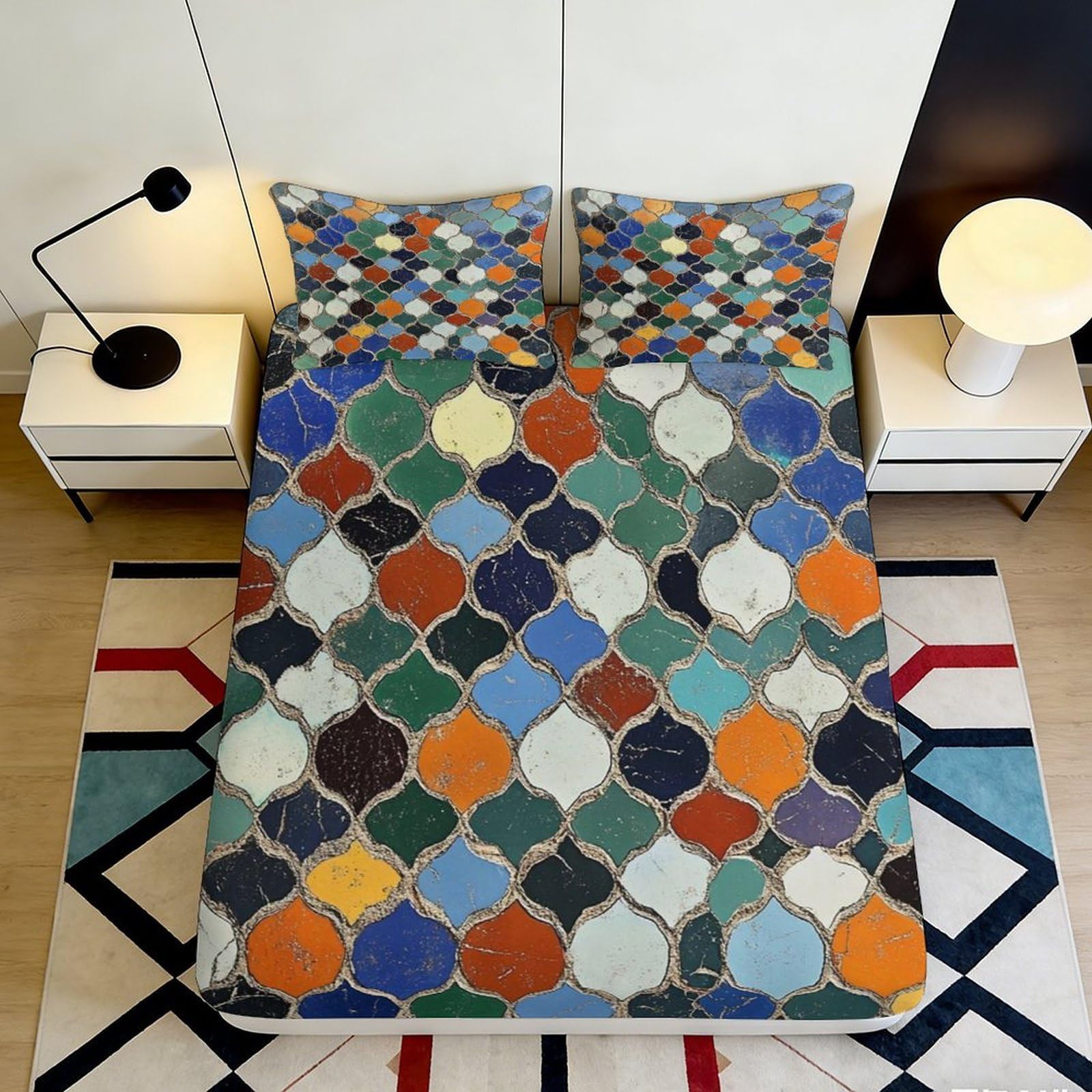 3D Printed Moroccan Mosaic Fitted Sheet Microfiber Colorful Geometric Patchwork Mattress Cover Bedroom Decor 90x200x25cm