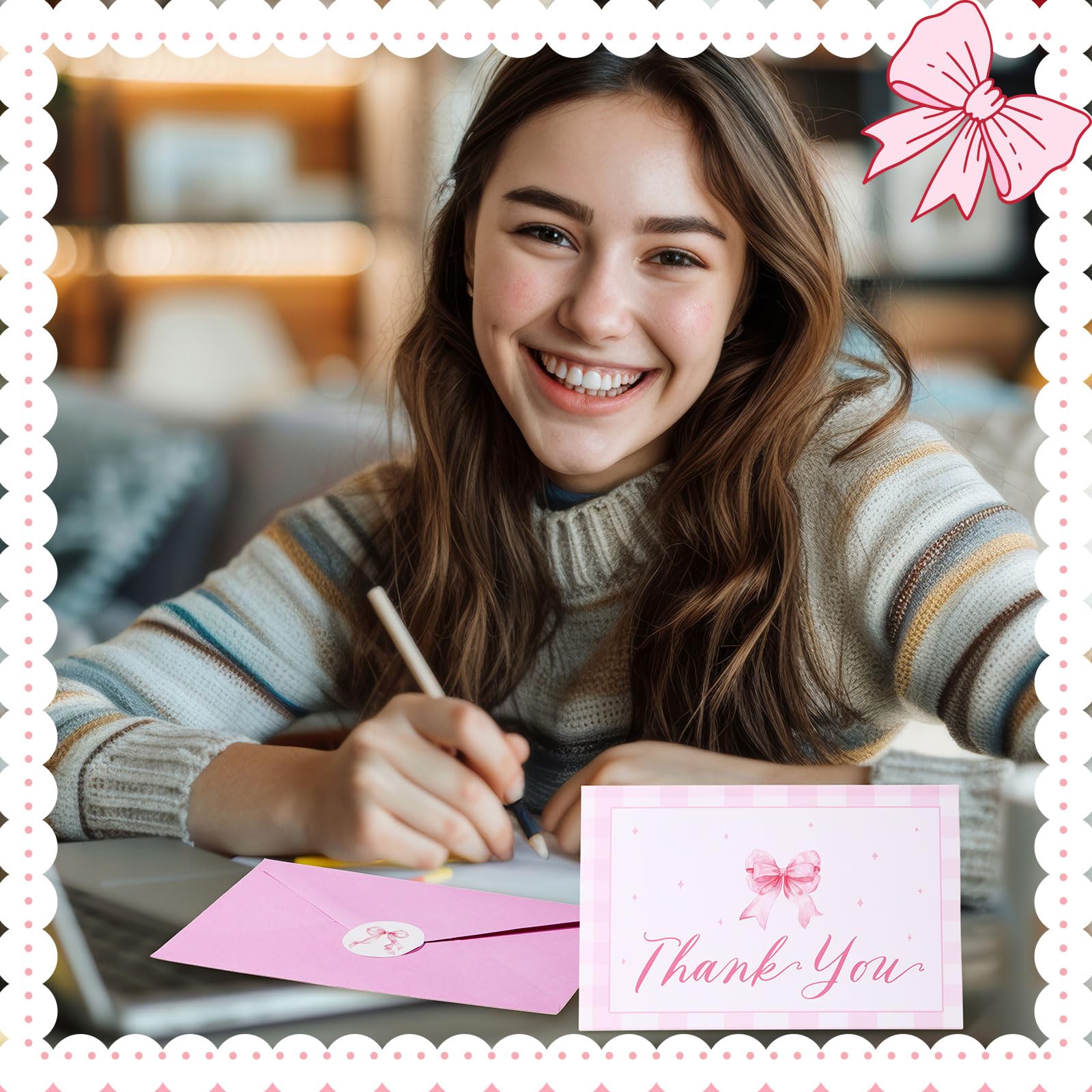 Motiskyy Lot de 100 cartes de remerciement avec nœud rose avec enveloppes et autocollants 10,2 x 15,2 cm - Cartes de vœux vierges pour fête prénatale, mariage, fête d'anniversaire