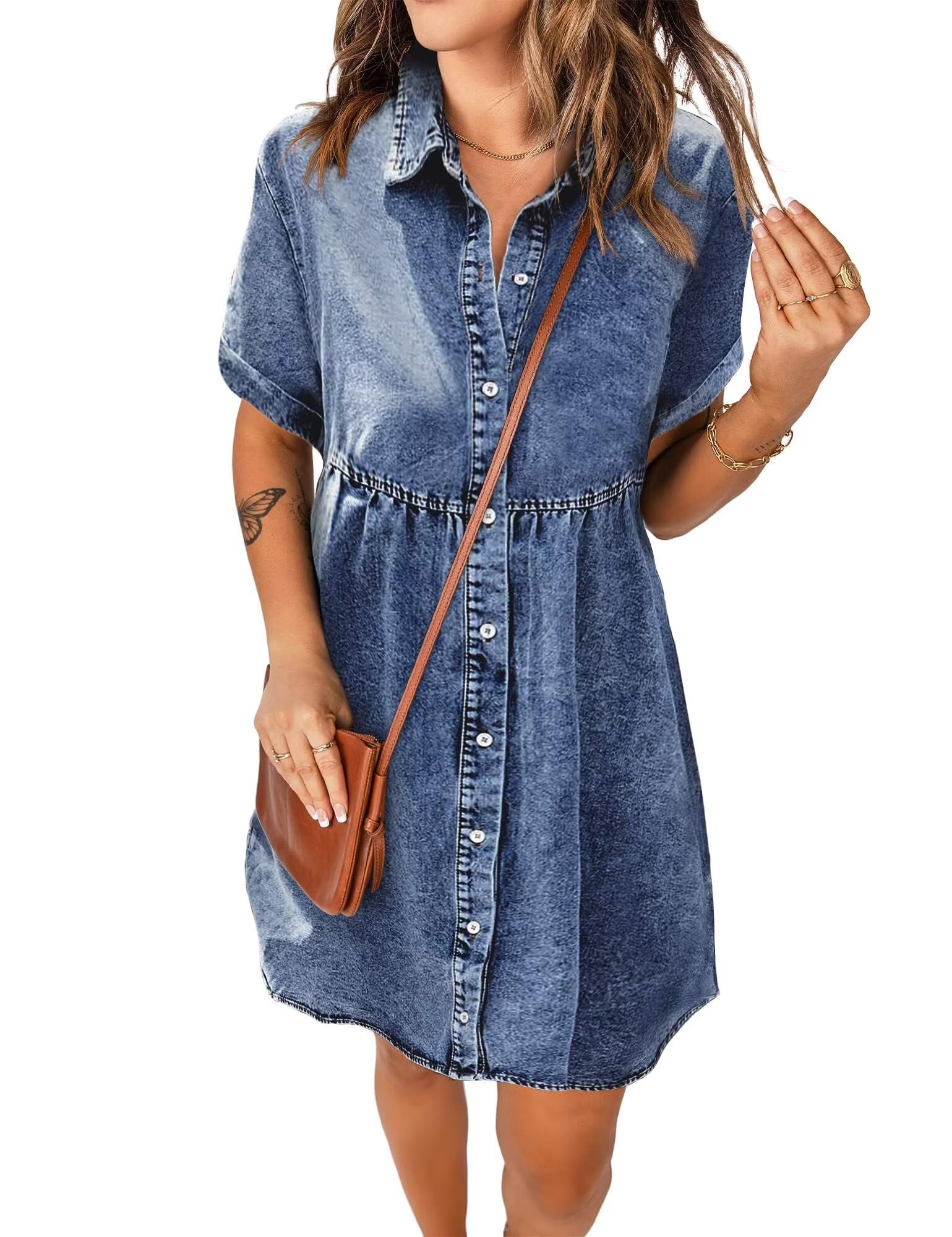 LOOKUB Women's Denim Dress for Women Cute Blue Babydoll Denim Shirt Dress Denim Dress with Pockets