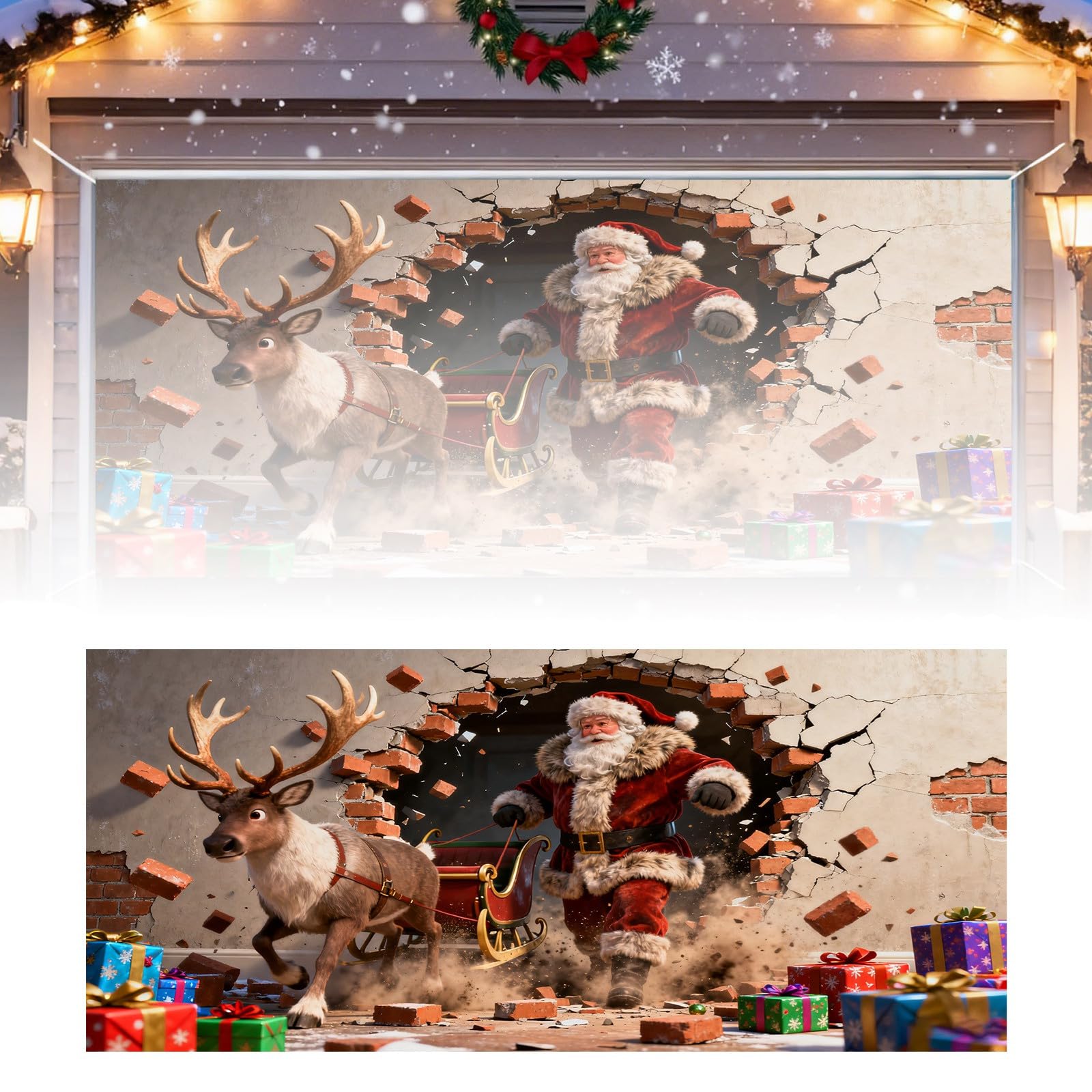 292 - Cartel de felicitaciones con texto en inglés «The Merry Christmas Christmas The Background Party Santa», fotografía de Papá Noel, fondo de puerta de garaje, decoración