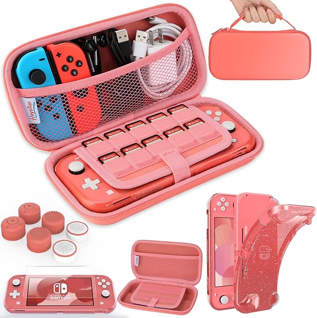 HEYSTOP Case for Nintendo Switch Lite,Protective Hard Portable Travel Carry Case for Nintendo Switch Lite Console and Accessories,Switch Lite Case with TPU Glitter Protective Case and Thumb Cap,Pink