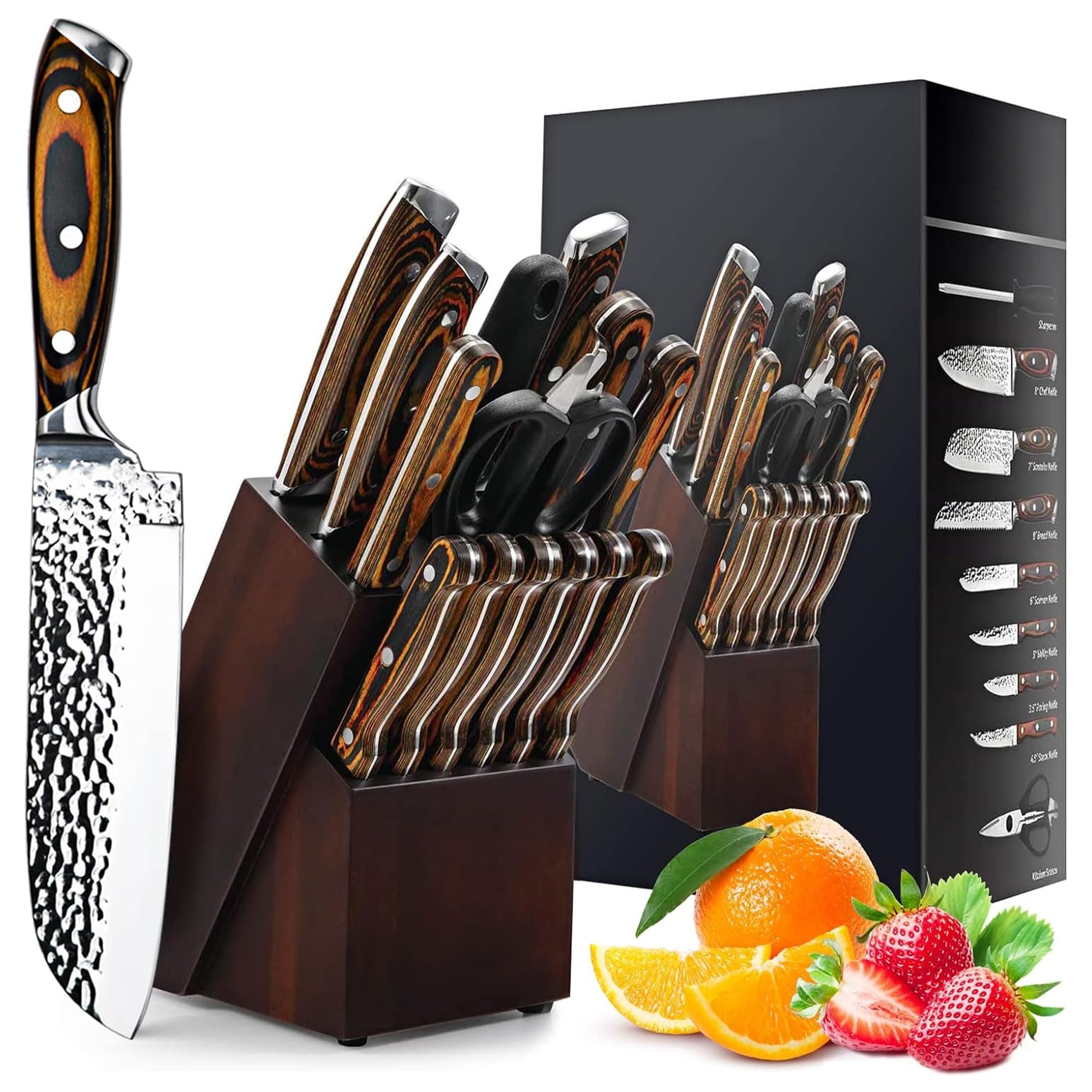 15-Piece Knife Sets for Kitchen, Hammered Desgin Knife Set with Block and Sharpener, High Carbon Stainless Steel Chef Knives with Triple Rivet Handle, Ultra Sharp — image 1