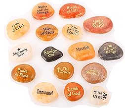 16PCS Names of Jesus Christ INRI Stones Engraved on True Palm Pebble Rocks Each one features different name for Jesus Shepherd Alpha Omega Savior (16 Different Titles, Bulk Pricing)