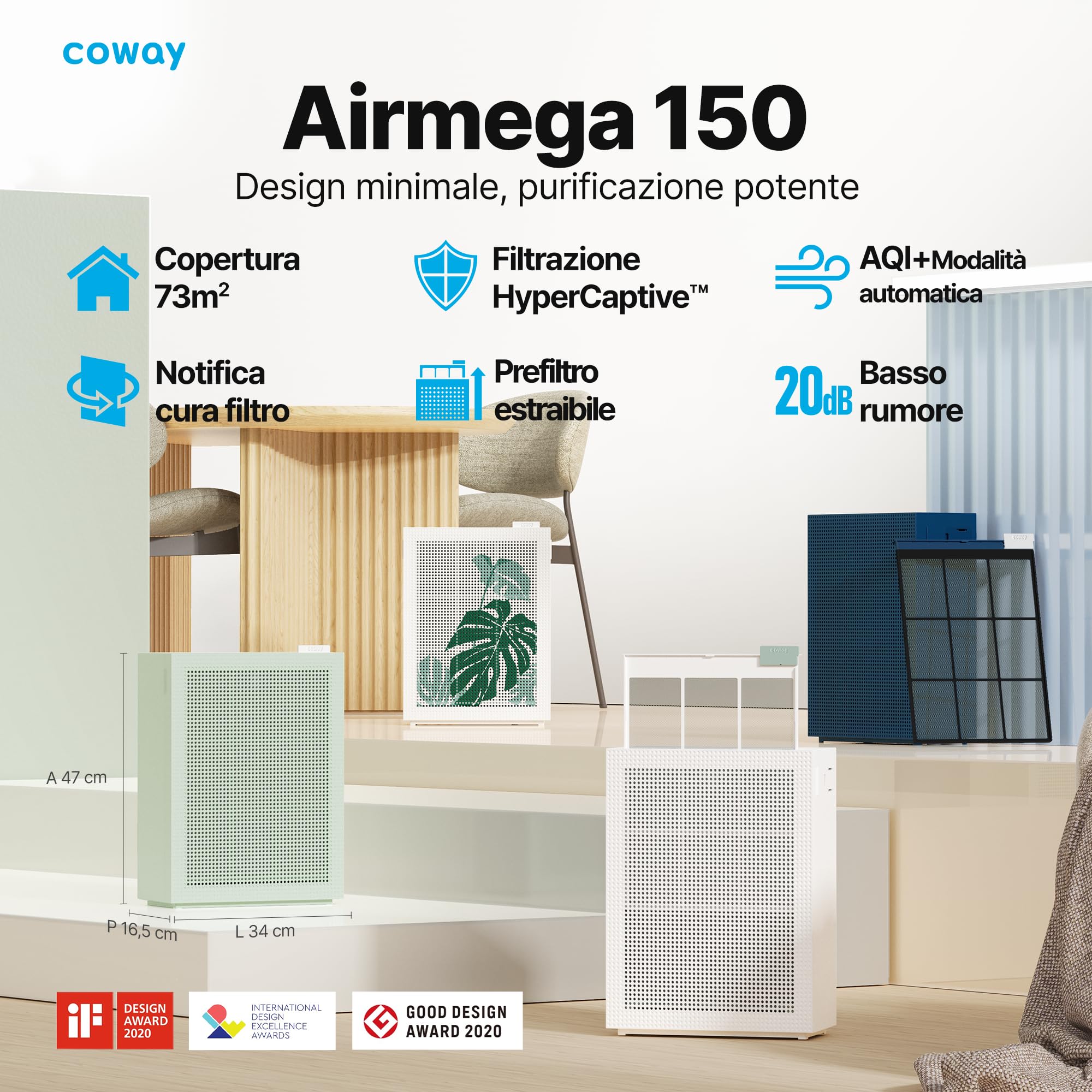 COWAY purificatore d’aria casa camera, air purifier, ECARF Quiet Mark, Sleep Mode 20 dB, prefiltro lavabile estraibile dall’alto, pulizia facile, allergie fumo polline animali, Airmega 150, Bianco