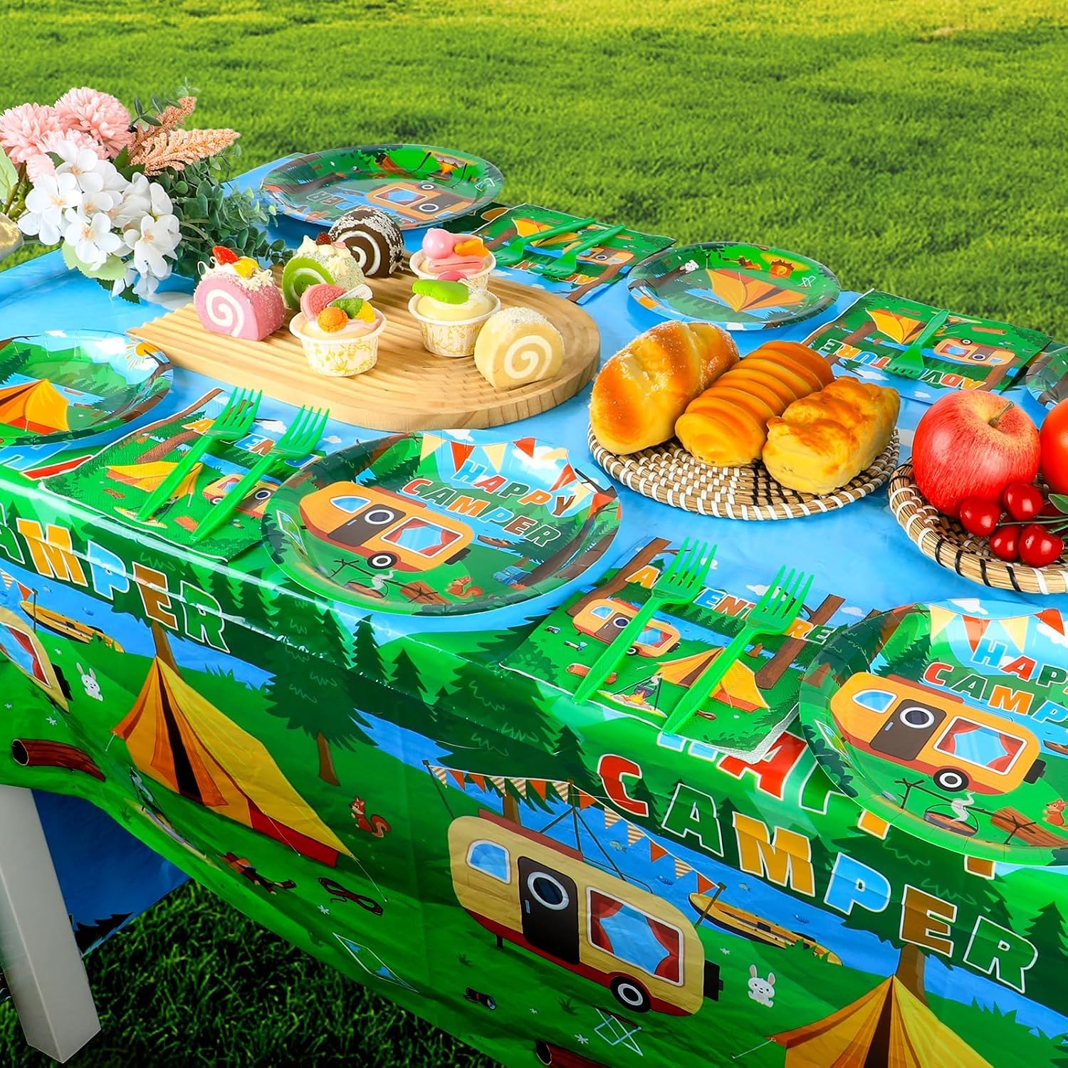 OBUSATT 100PCS Happy Camper Adventure Party Decorations Tableware Set - Disposable Plates, Napkins for Camping Theme Birthday - Serves 25 Guests