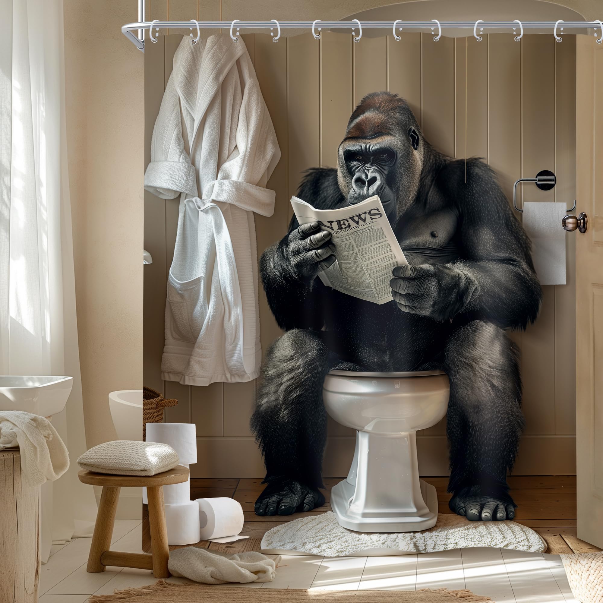 Newsely Funny Monkey Shower Curtain 60Wx72L Inch Chimpanzee Black White Masculine Animal Wildlife Modern Cool Shower Curtain Bathroom Set Boys Men