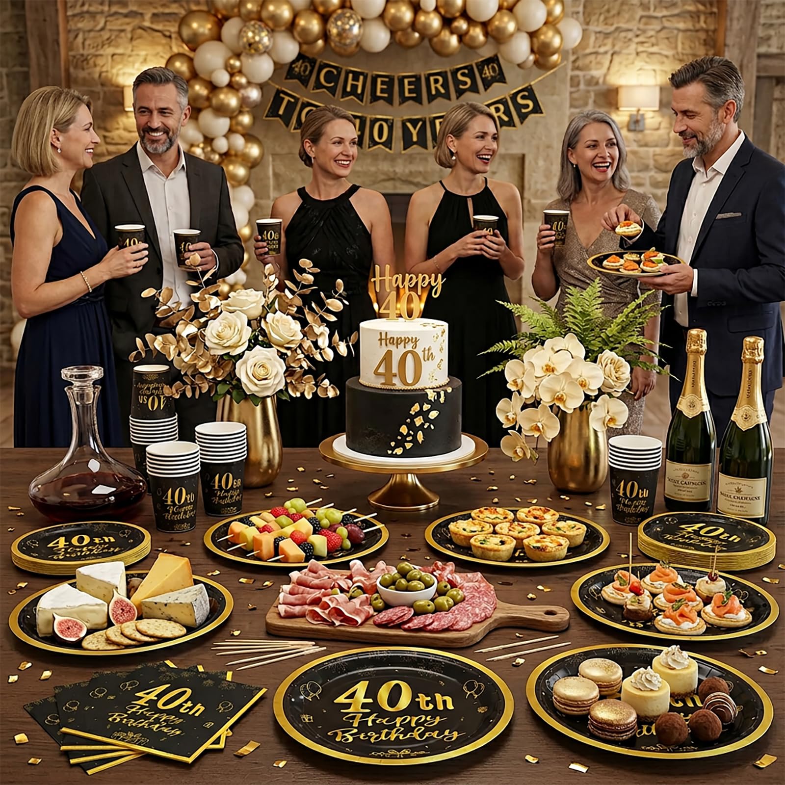 96 Pezzi Set Stoviglie Compleanno 40 Anni, Servizio 24 Persone, Piatti, Bicchieri, Tovaglioli e Biglietti di Auguri