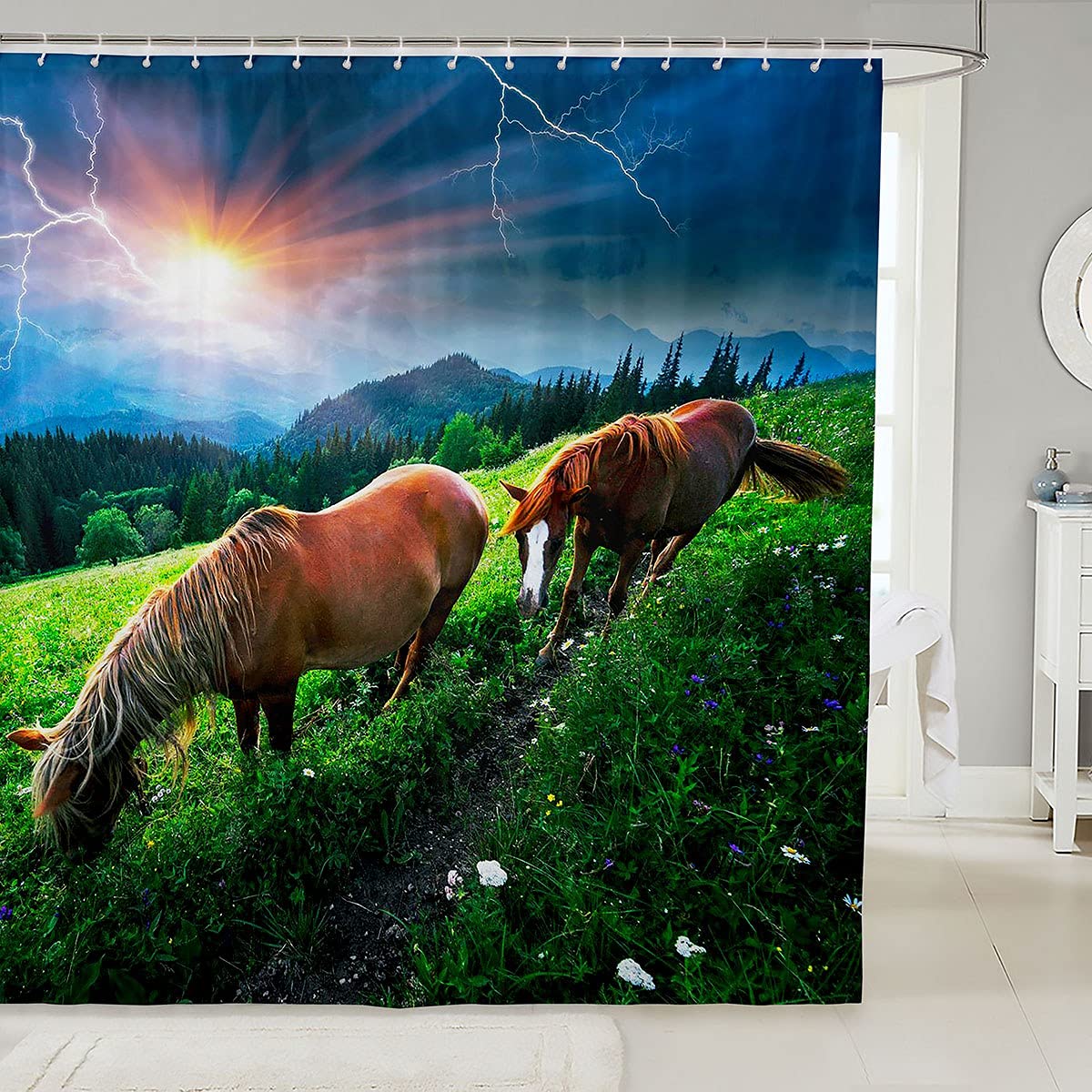 Loussiesd Horse Shower Curtain for Girls Boys Kids Farmhouse Bathroom Shower Curtain Set Stalls Bathtubsative 3D Wild Animal Bath Curtain Natural Scenery Cloth Fabric Curtain 72x78 Inch