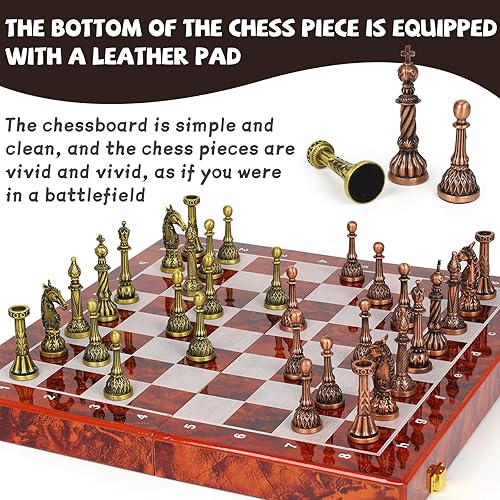 Miniatura 5 de Juego de ajedrez de metal vintage para adultos y niños, tablero de ajedrez plegable de mármol con almacenamiento, elegante juego de ajedrez de viaje