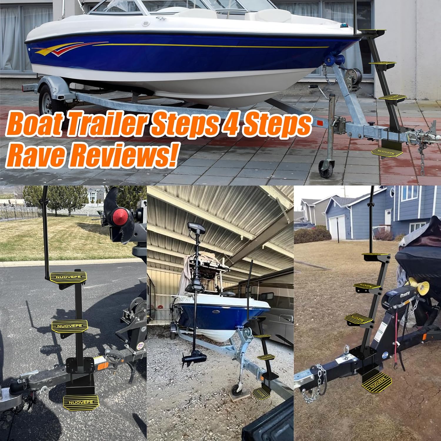 Upgraded Heavy Duty Boat Trailer Steps – 4 Step Tongue Ladder with Safety Handle, 500 lbs Capacity, EVA Anti-Slip Mat, Anti-Rust & Corrosion-Resistant, Universal Fit for Bass & Pontoon Boats