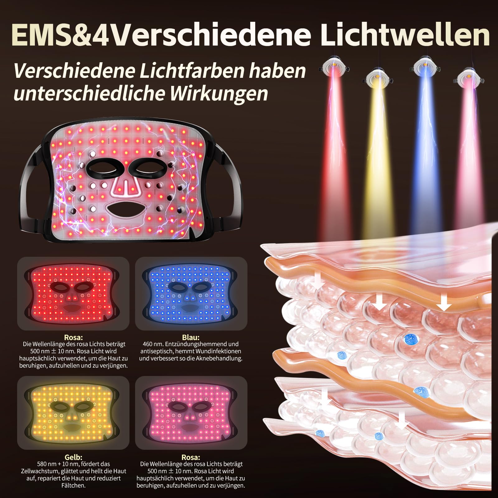 EMS - Máscara de belleza con luz LED, 4 colores con luz LED, terapia de silicona, herramienta de belleza para el cuidado de la piel, antienvejecimiento, reafirmante y rejuvenecedor, dispositivos de