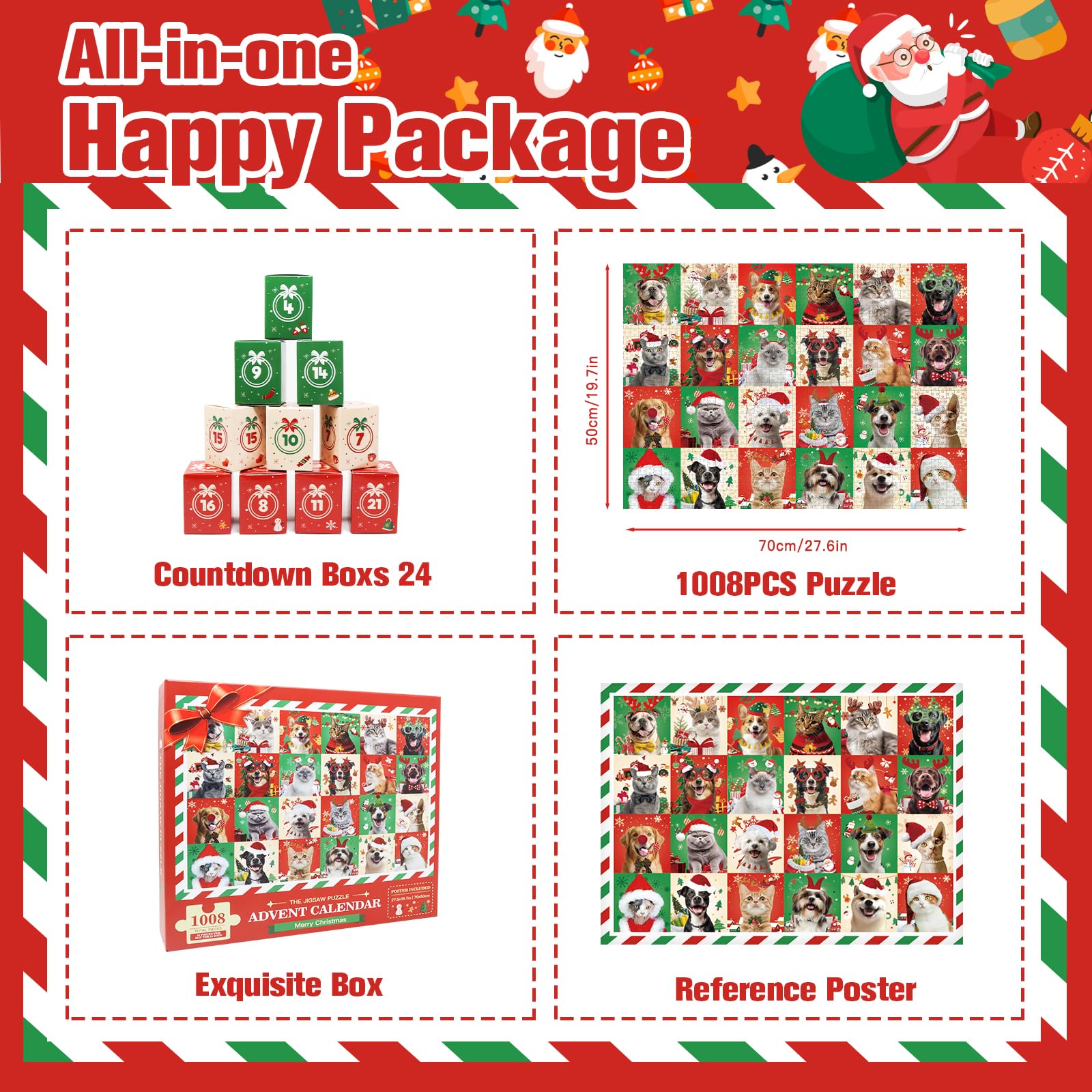 Christmas Cats and Dogs Advent Calendar 2024 Jigsaw Puzzles for Adults Kids, 1008 Pieces 24 Days Christmas Countdown Calendar Adult Puzzles, Christmas Puzzle Advent Calendar 2024 Gifts for Women Men