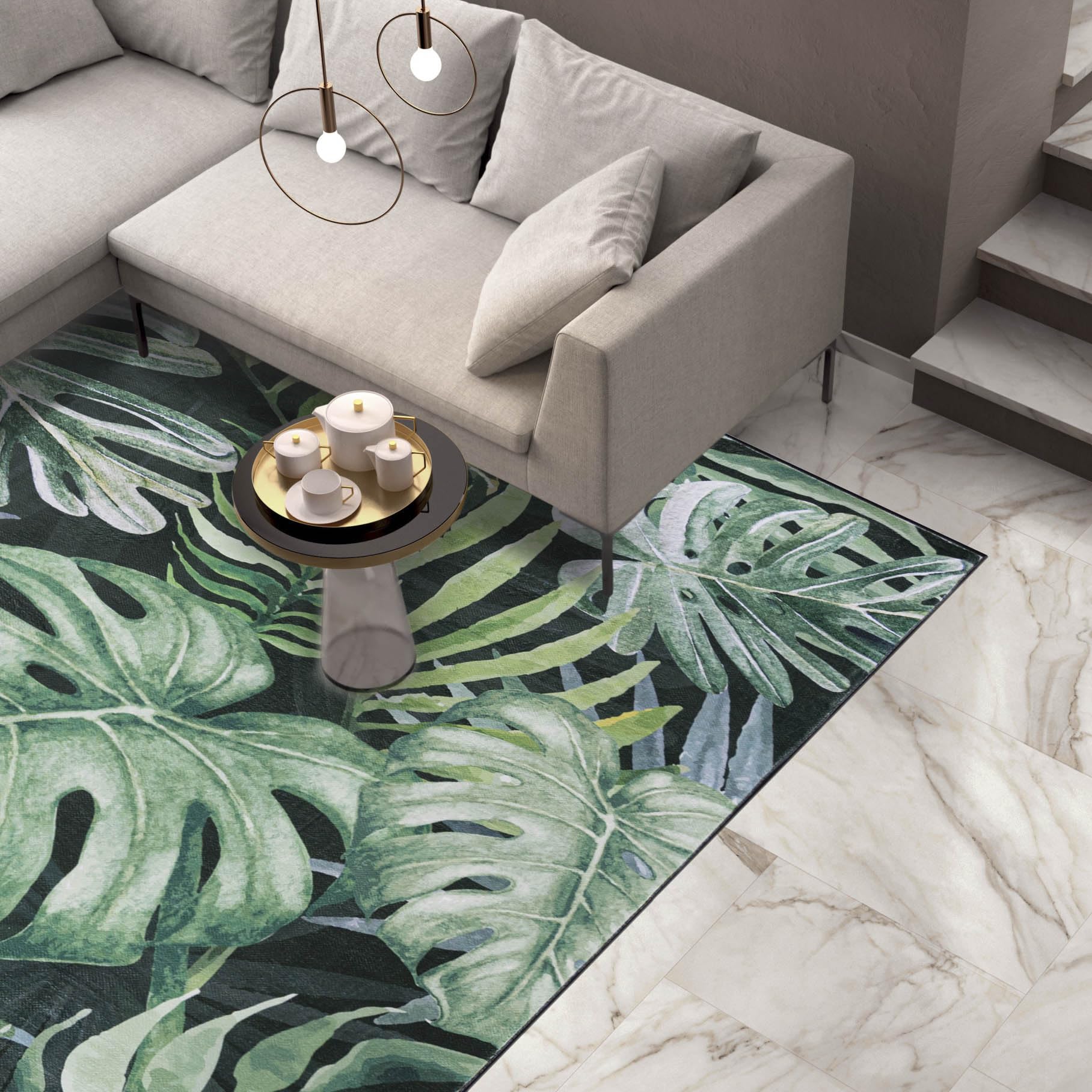 Mazovia Tappeto moderno, motivo Monstera, lavabile, antiscivolo, pelo corto, morbido, soggiorno, riscaldamento a pavimento, verde, 120 x 170 cm