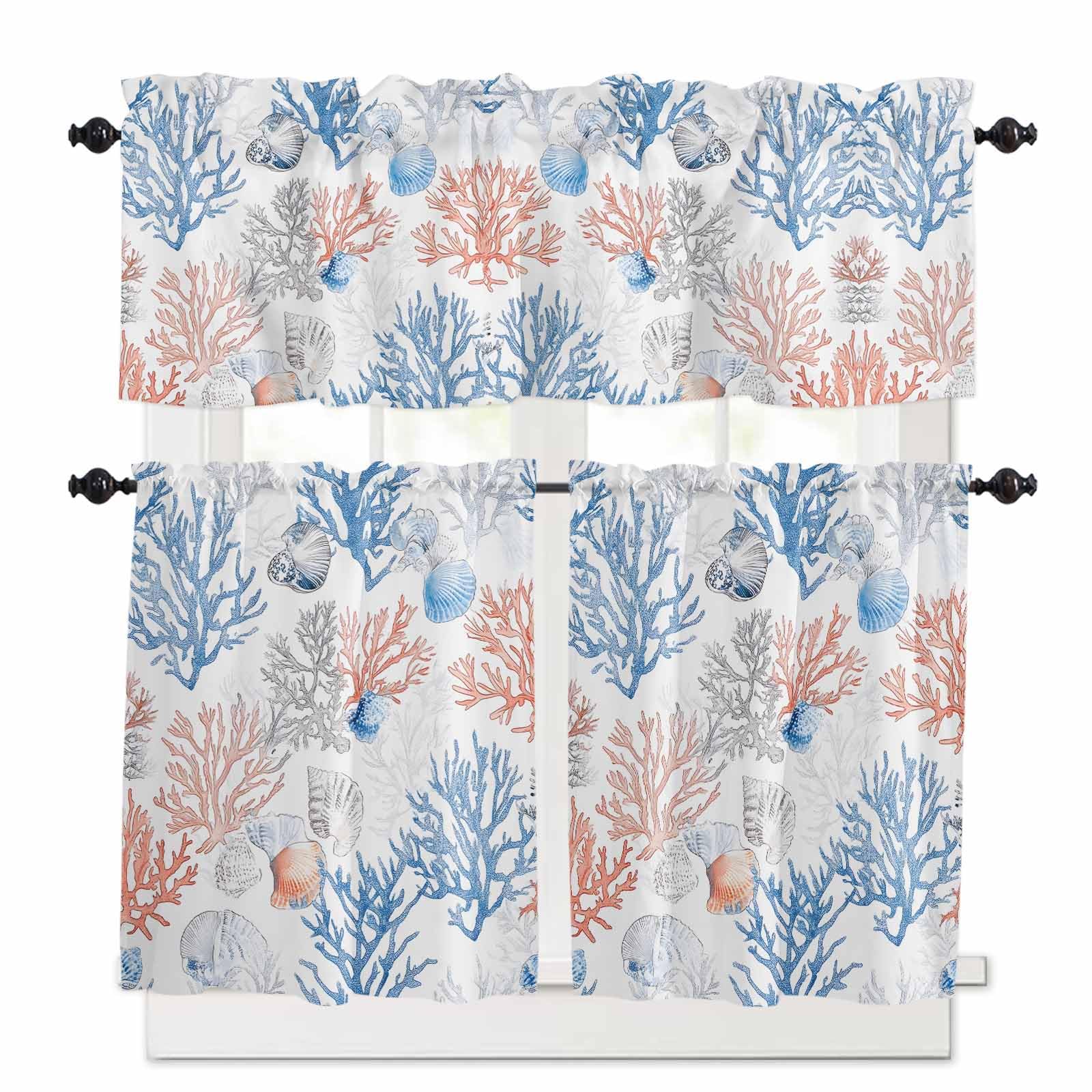 Coral Red Blue Grey Kitchen Curtains 24 Inch Length, 3 Piece Rod Pocket Small Half Tiers and Valance Set, Summer Ocean Coastal Shells Small Large Window Treatment Decor for Bedroom/Bathroom Sink