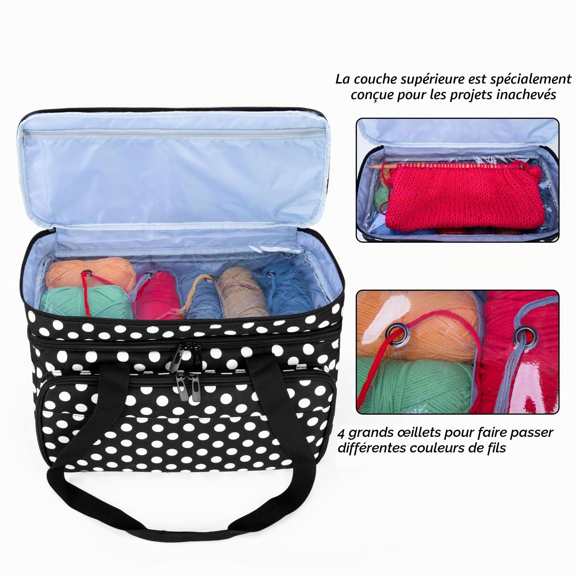 CURMIO Sac à Tricot Double Couche, Rangement pour Laine Crochets, Pois | Plusieurs Élastiques & Compartiments, 4 Œillets, Bandoulière, pour Aiguilles à Tricoter & Projets de Tricot, Sac Uniquement