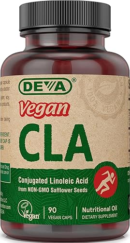 Deva Vegan Vitamins Ácido linoleico conjugado (CLA), de aceite de cártamo sin OMG, 90 cápsulas, 1 paquete