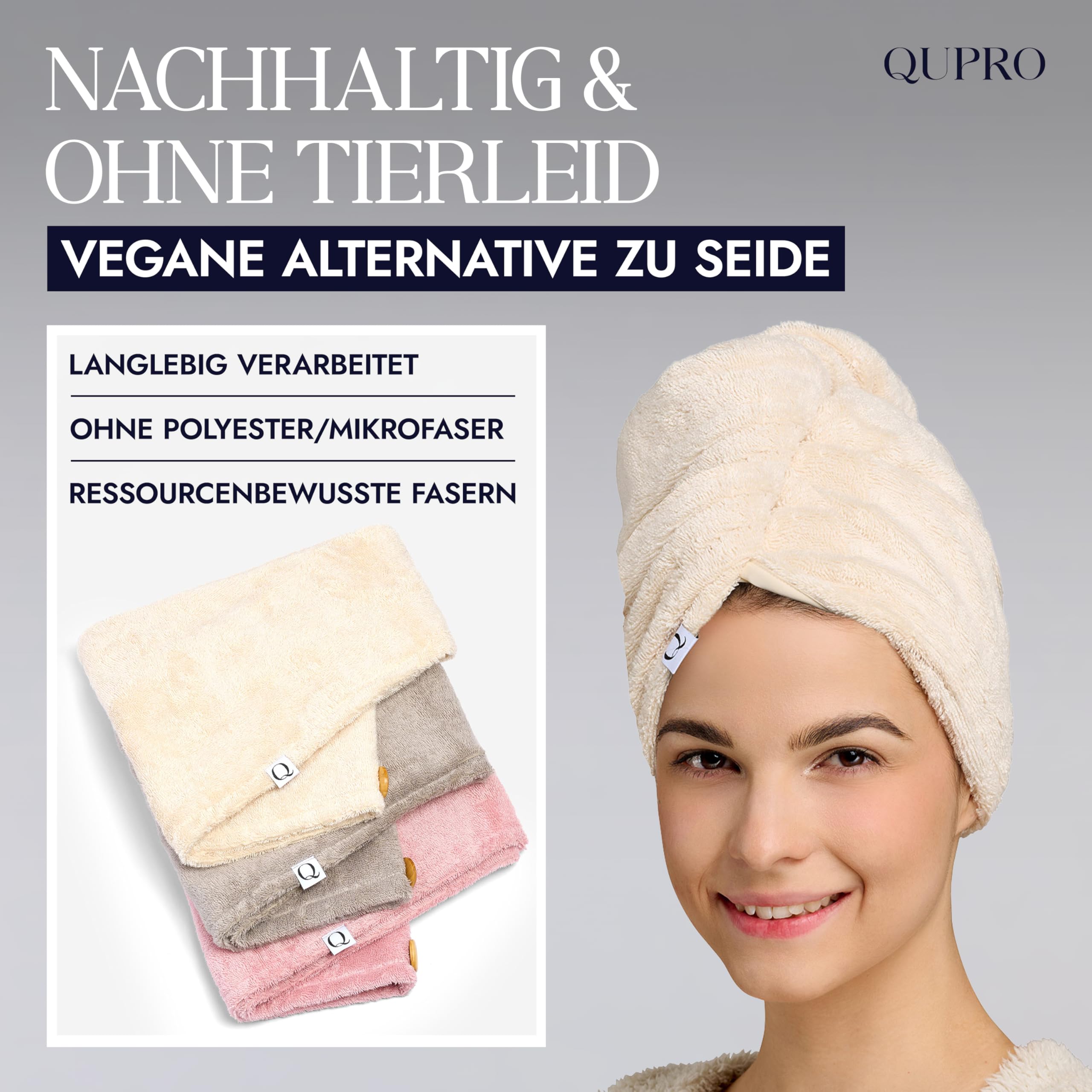 Haarturban I Turban Handtuch mit Knopf & Gummiloop I Handtuchturban mit veganer Seide & Baumwolle I Haarhandtuch - Ideal für lange Haare, Locken & Mehr I Kopfhandtuch mit Knopf | Hair Towel