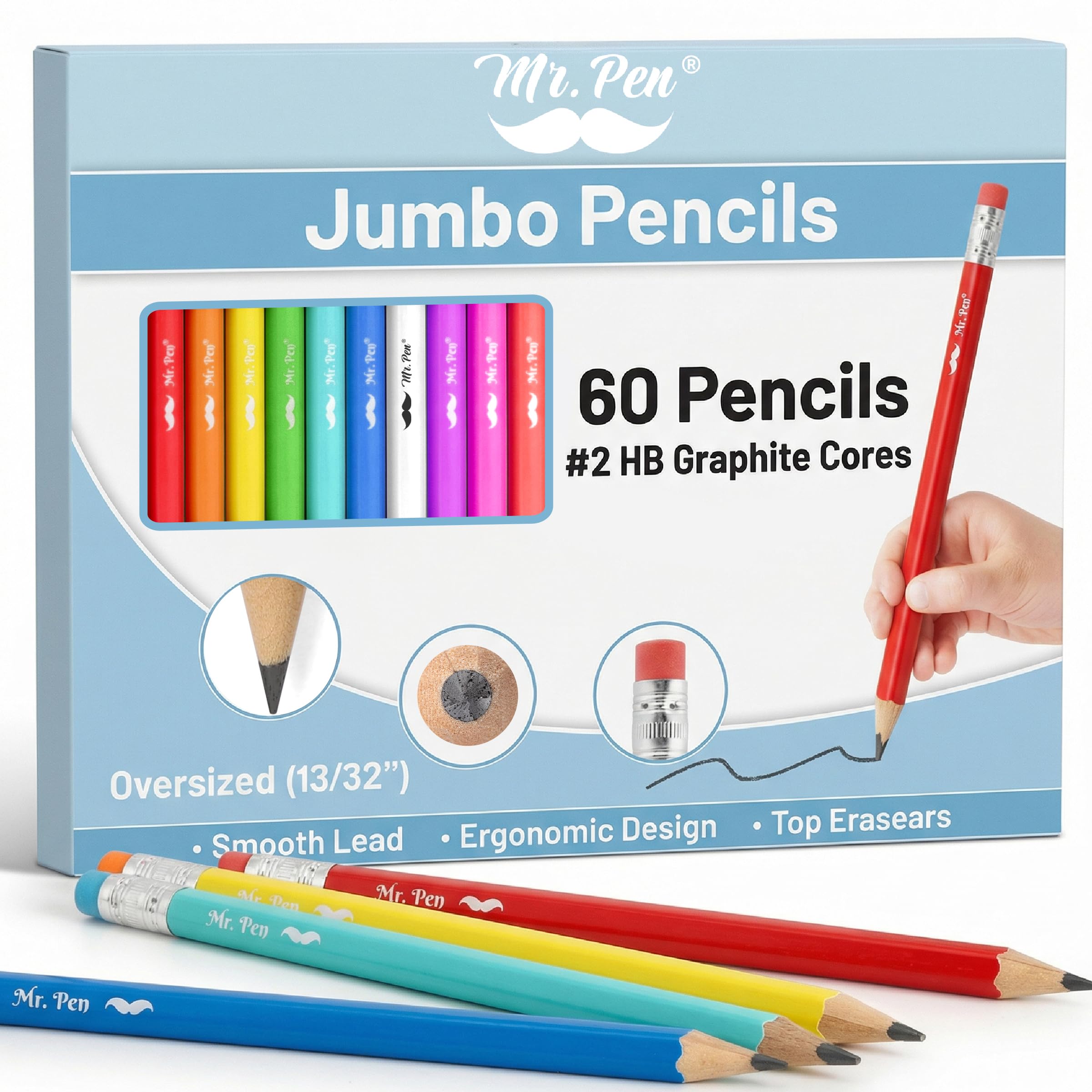 Mr. Pen- Jumbo Pencils, 60 pcs, Preschool Pencils, Large Pencil | Bright Barrels and Black 2 HB Graphite Cores, Smooth Lead, Latex-Free Eraser Top
