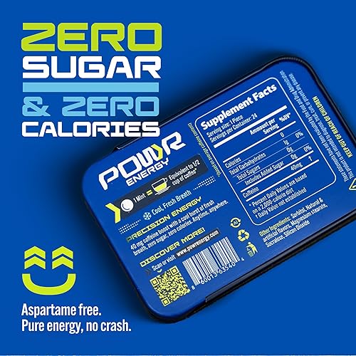 Miniatura 2 de POWR Mentas energéticas  24 mentas, 40 mg de cafeína por menta, sin azúcar, cero calorías, sin aspartamo  Pre-entrenamiento, ciclismo, correr,