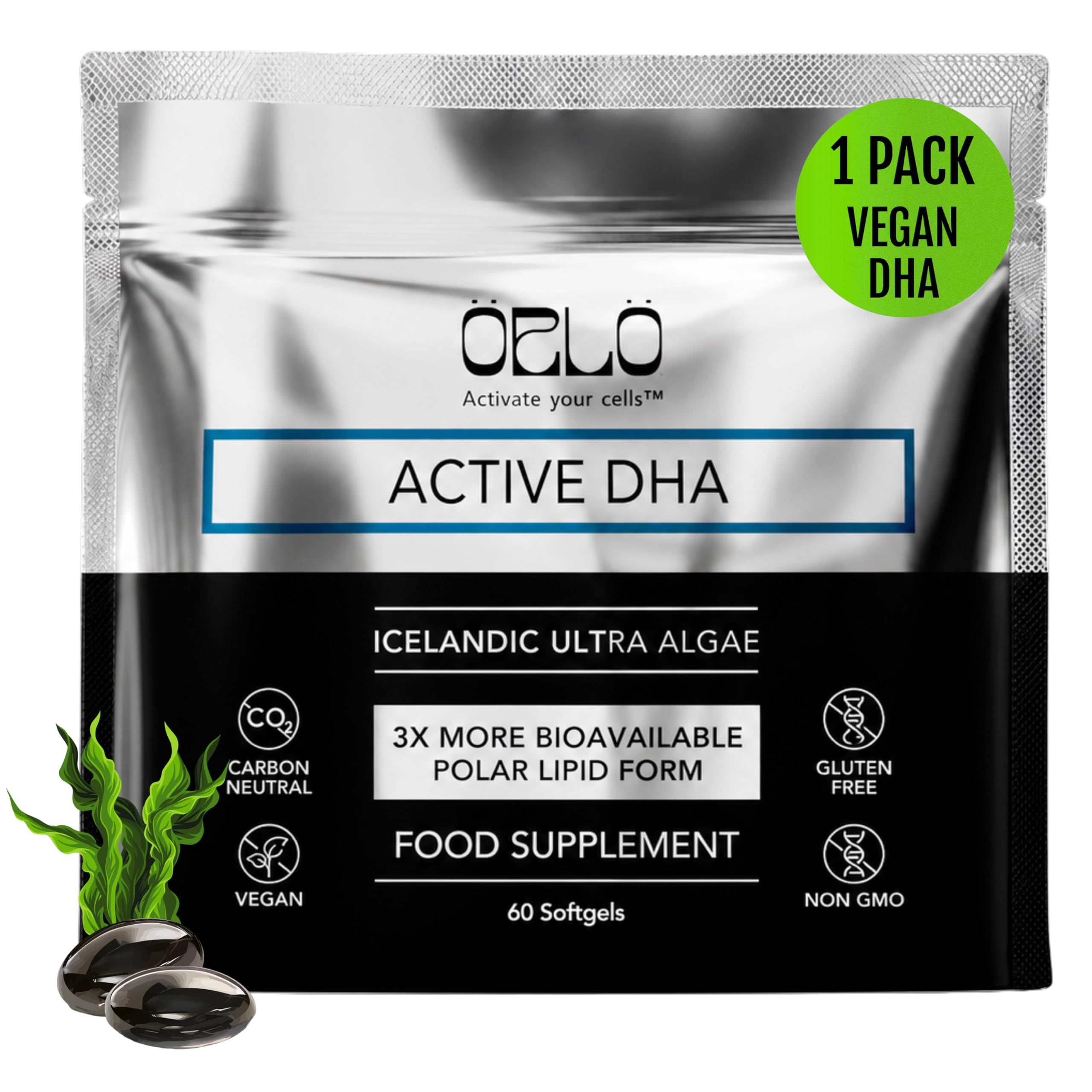 Orlo DHA - veganes Omega-3-Nahrungsergänzungsmittel - dreifache Omega-3-Wirkung - pflanzliche DHA & EPA Omega-3-Algenöl-Fettsäuren - Fischöl-Alternative (60 mini Weichkapseln)