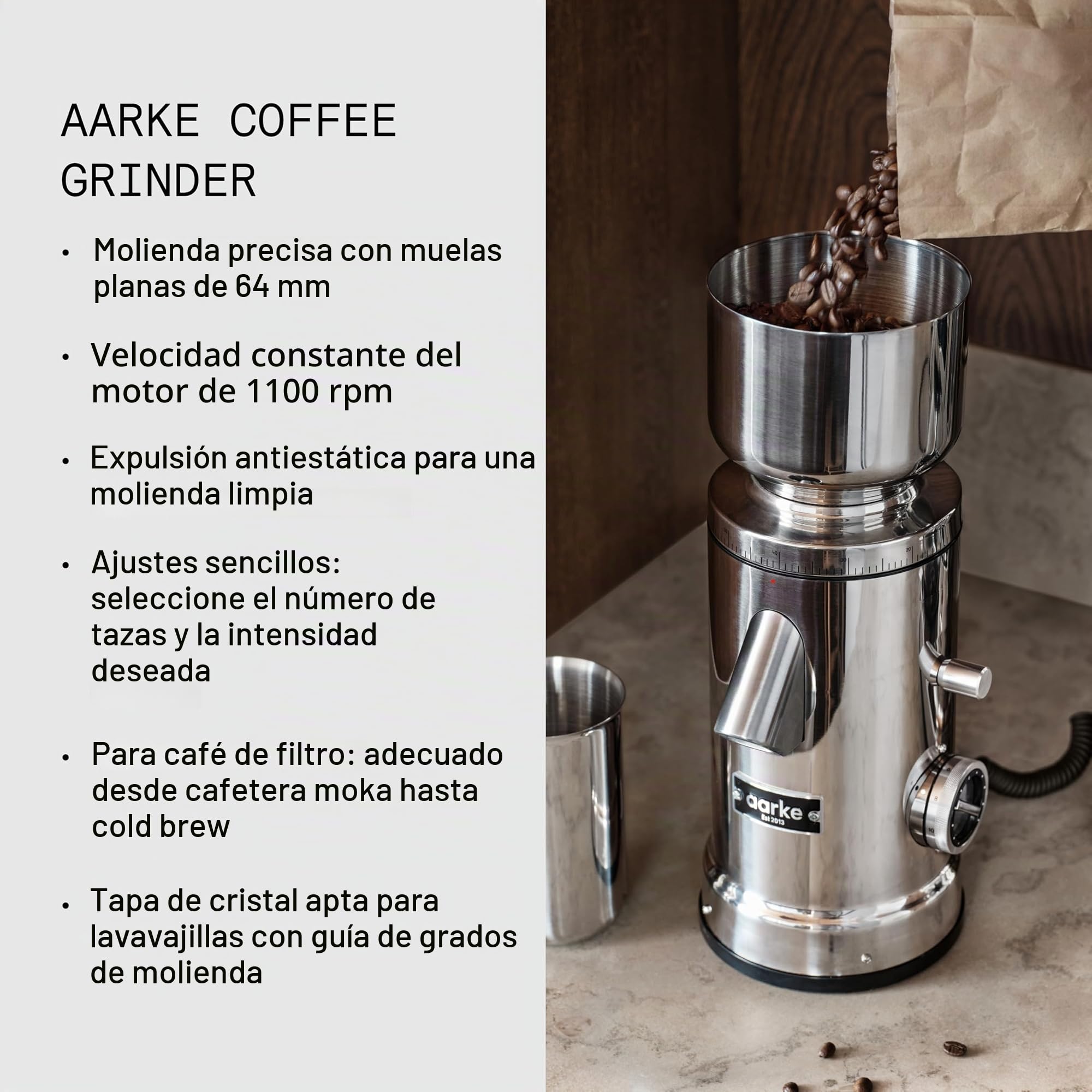 Molinillo de café eléctrico Aarke: molinillo de café de acero inoxidable con nivel de molienda ajustable, discos de molienda de 64 mm, dosificación automática y función de memoria, para espresso.