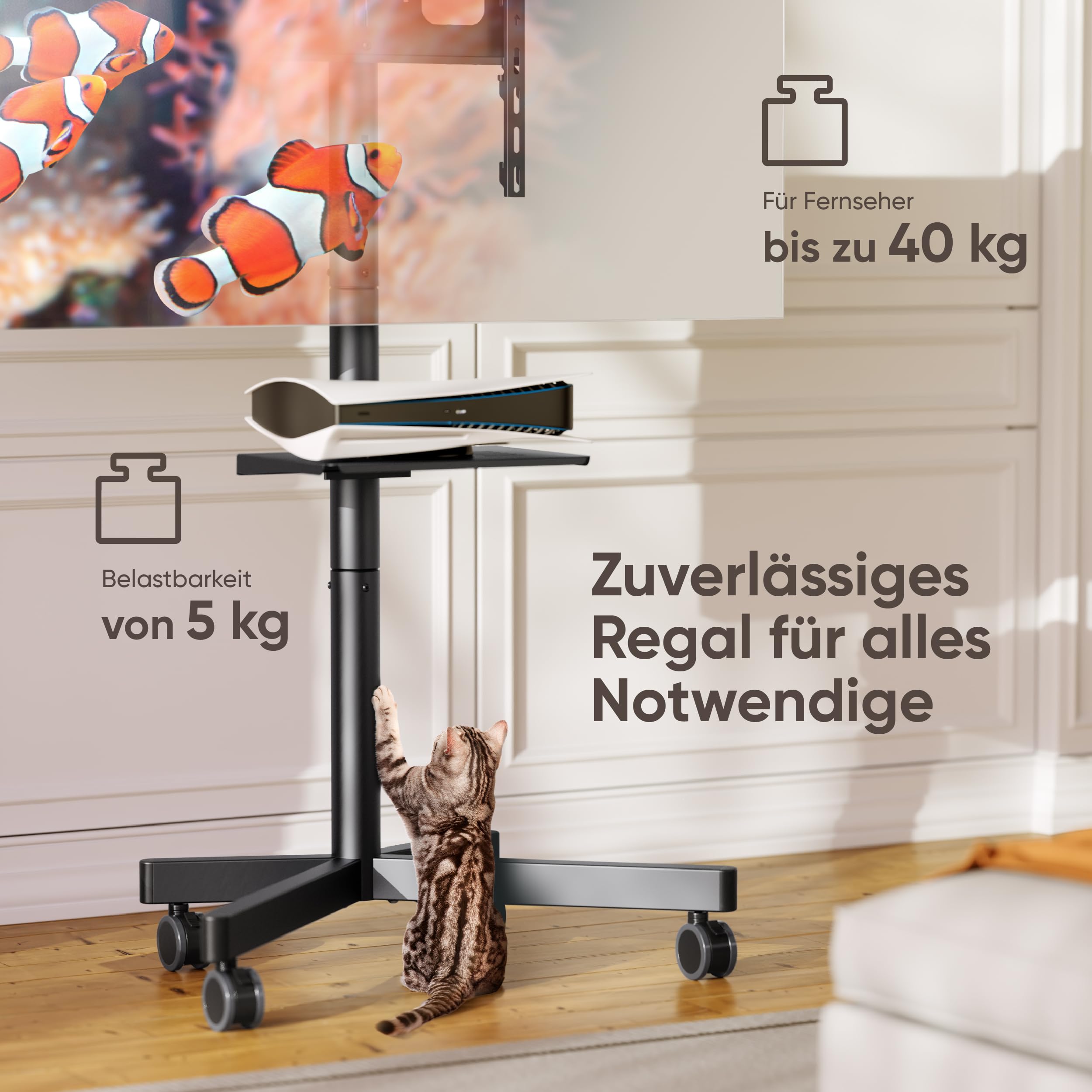 ONKRON TV Ständer rollbar für 23-60 Zoll Fernseher, max Last 45 kg, mobiler TV Standfuss höhenverstellbar, Fernseh Rollwagen max VESA 400x400, Fernsehständer mit Rollen, Ablage Schwarz TS1137-B