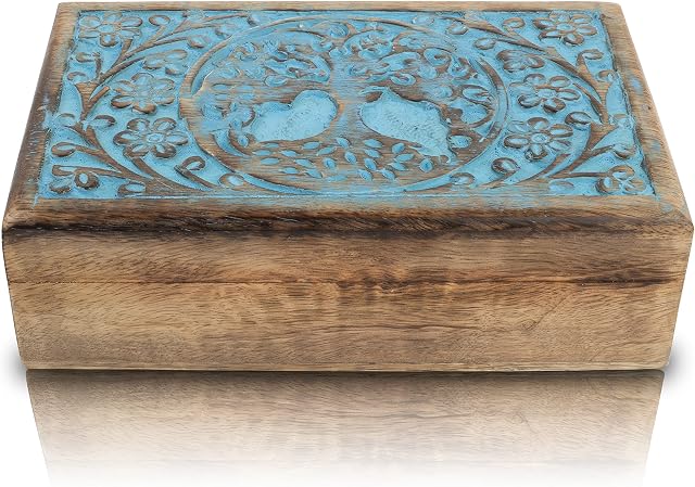 Great Birthday Gift Ideas Handmade Decorative Tree Of Life Wooden Jewelry Box Treasure Box Jewelry Organizer Keepsake Box Treasure Chest Trinket Holder Lock Box Watch Box (Blue Wash Finish)
