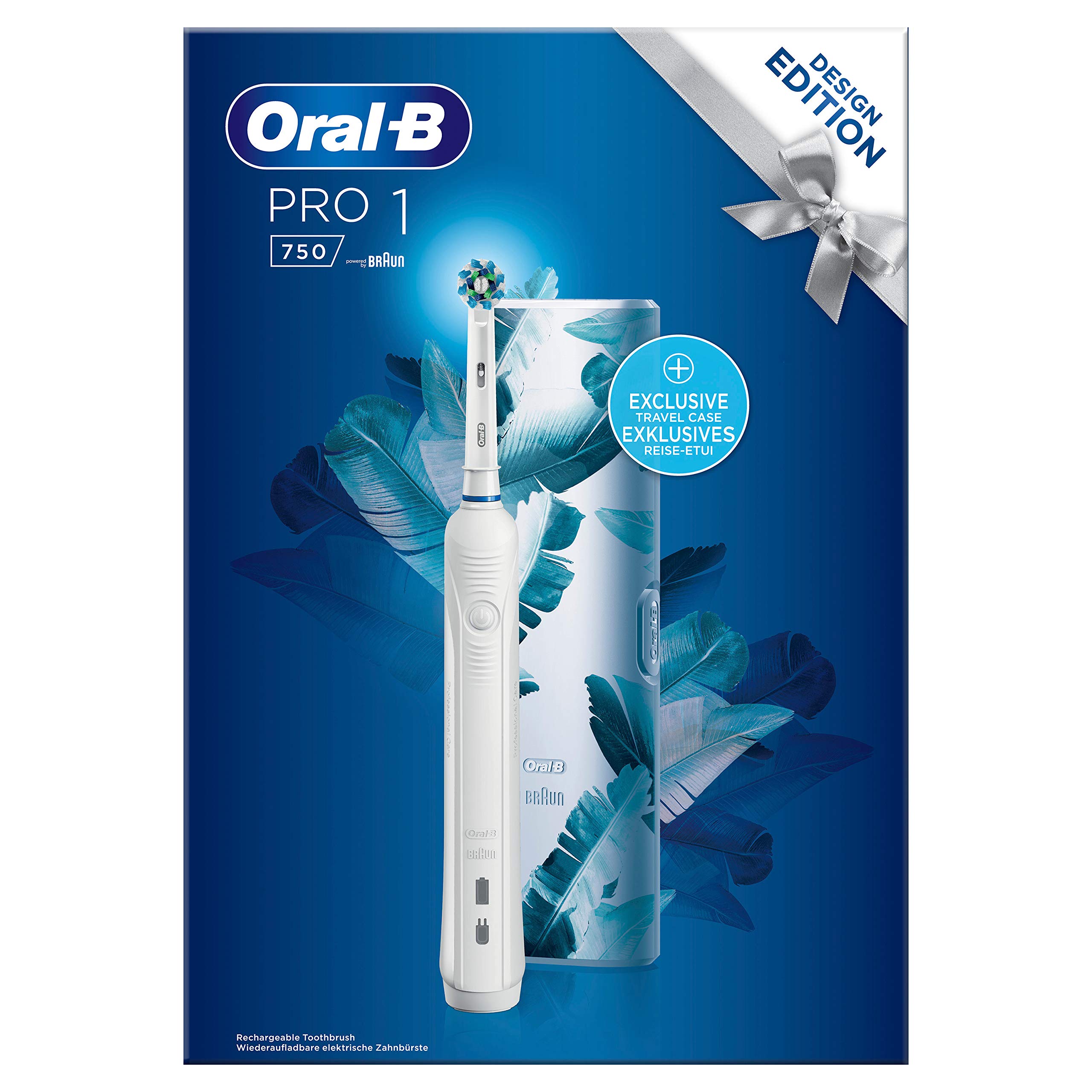 Oral-B Cepillo de dientes eléctrico Pro 1-750, con temporizador integrado, sensor de presión, 1 cabezal, batería de litio, funda de viaje, idea de regalo, diseño de edición especial, blanco