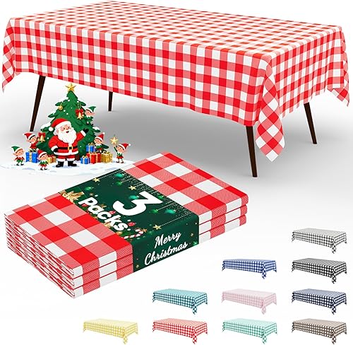 Smiry Paquete de 3 manteles desechables a cuadros, mantel de plástico impermeable de 54 x 108 pulgadas, manteles rectangulares a cuadros rojos y