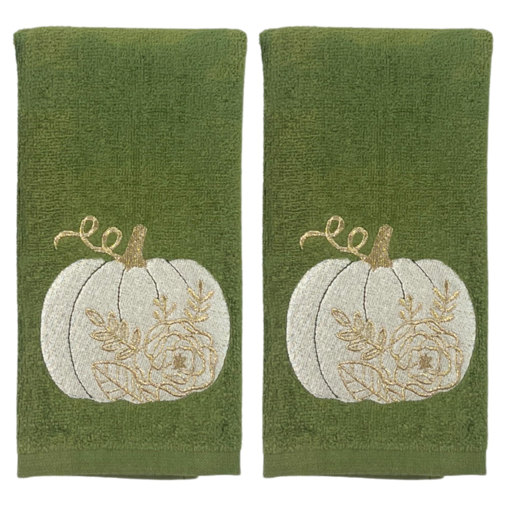 Serafina Home Autumn Fall Bath Guest Fingertip Towels: Bathroom Decor Farmhouse Harvest Embroidered Forest Dark Green Floral Pumpkin Design, 100% Cotton, 12" x 18", 2 Pc Set