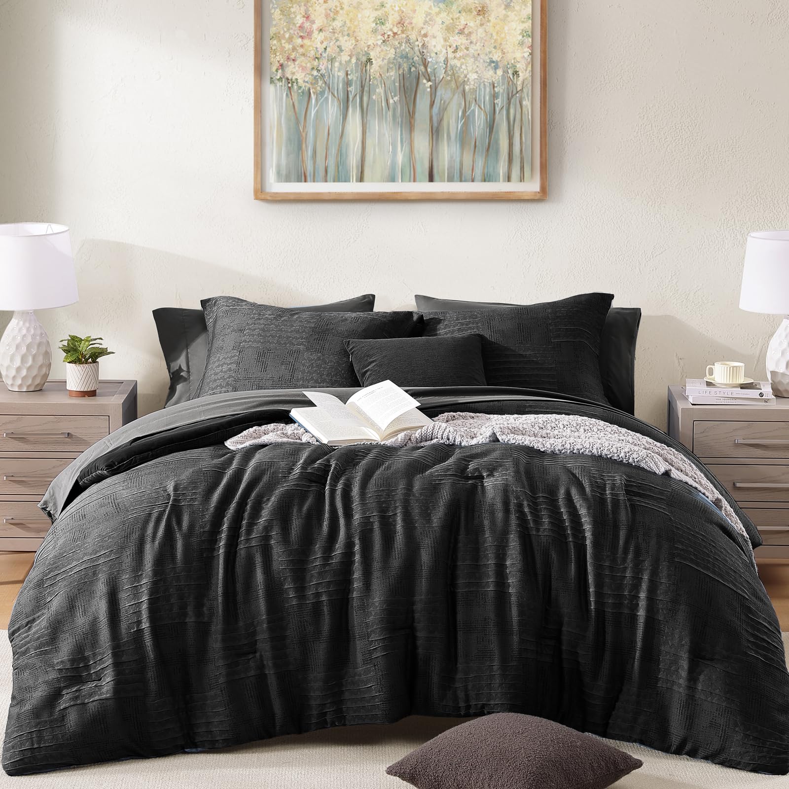 MaiRêve Queen Comforter Set Crinkle Textured Black
