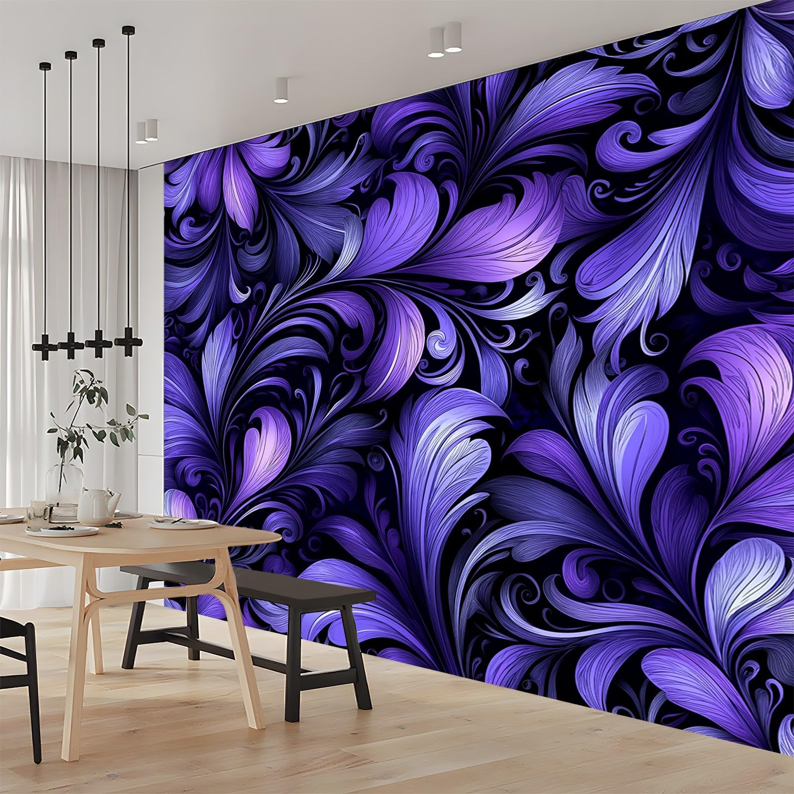 Tapeta abstrakcyjna Pióra Wzór Fioletowy Czarny 300 x 210 cm (szer. x wys.), Fototapety 3D Tapety Tapety Włóknina Dekoracja ścienna Nowoczesne Fototapety
