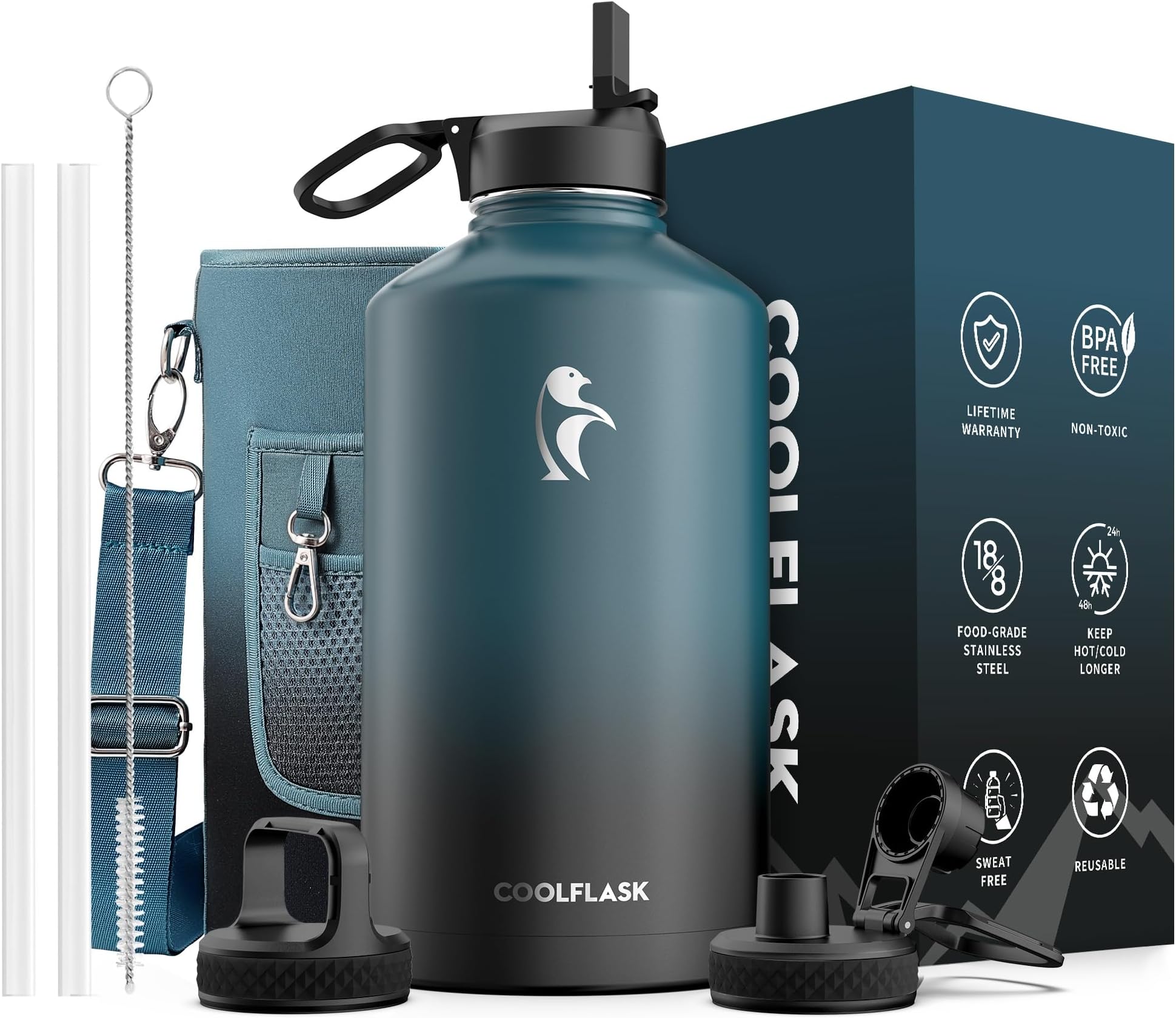 128 oz Gallon Water Bottle Insulated with Straw&3 Lids, Water Jug Large Stainless Steel Metal Vacuum Wide Mouth for Sports, Gym or Office, Non-BPA Keep Cold 48H Hot 24H, Samurai Cyan