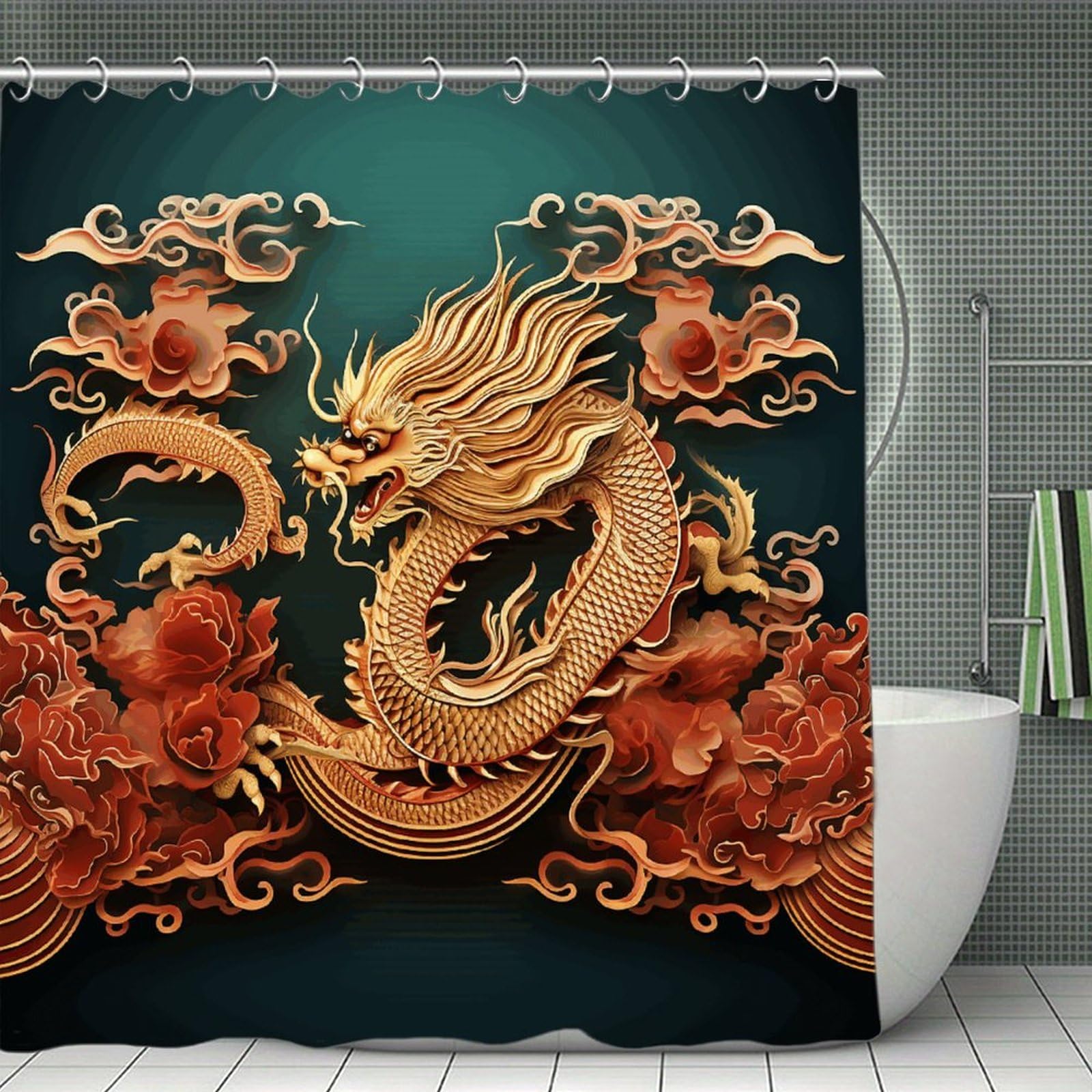 VstaDank Dragon Chinese Background Shower Curtain Waterproof Bathroom Curtain with Hooks Luxury Weighted Bath Curtains for Bathtubs Showers Room Dividers Decorative Shower Curtains 71x71 in