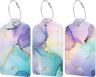 Rimilak 3 Pcs PU Leather Luggage Tags for Suitcase, Travel Cruise Luggage Tag with Privacy Flap, Name ID Label and Metal Loop for Women Men Baggage Handbag School Bag Backpack, Purple Marble